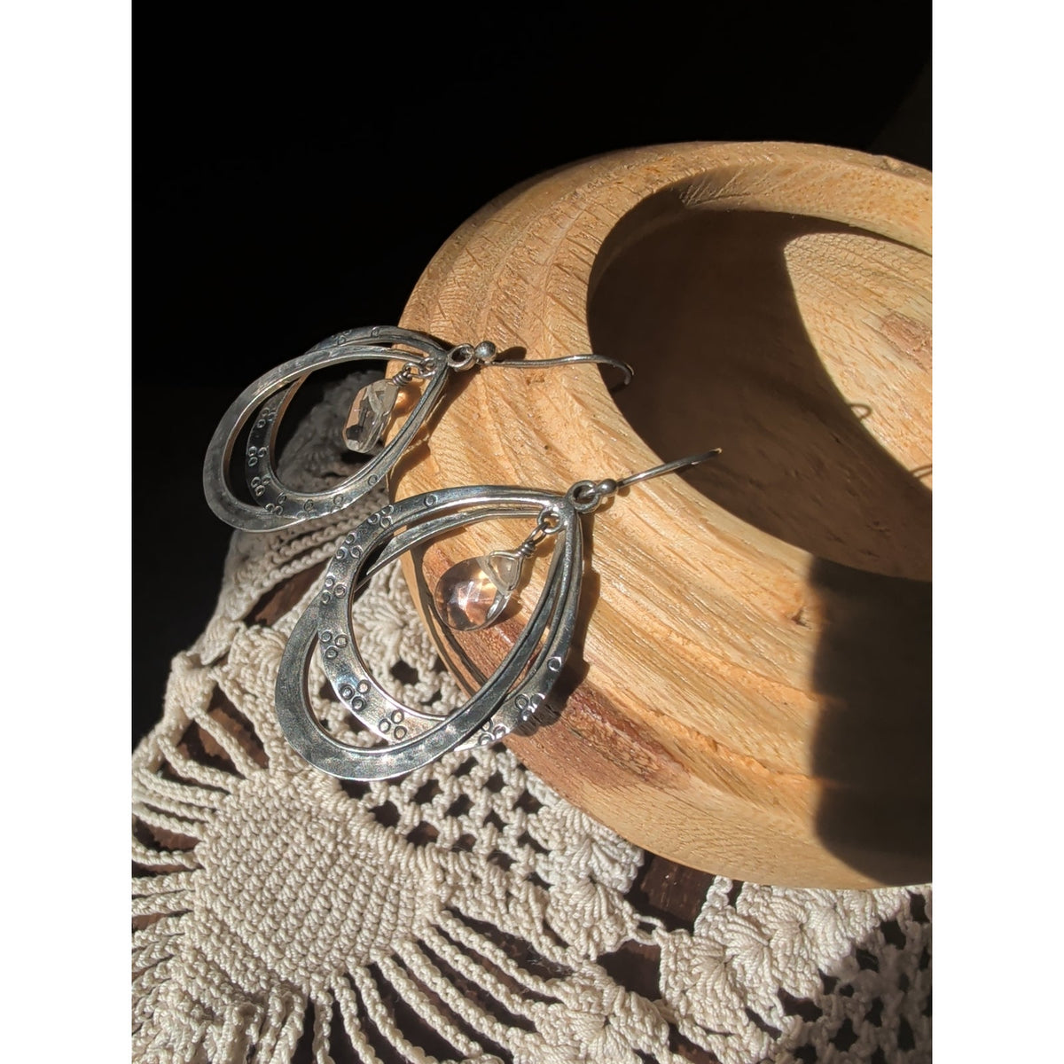 Vintage Silpada Sterling Silver Teardrop Double Hoop Dangle Earrings with Faceted Crystal Drops, Retired Boho Jewelry Style W1681