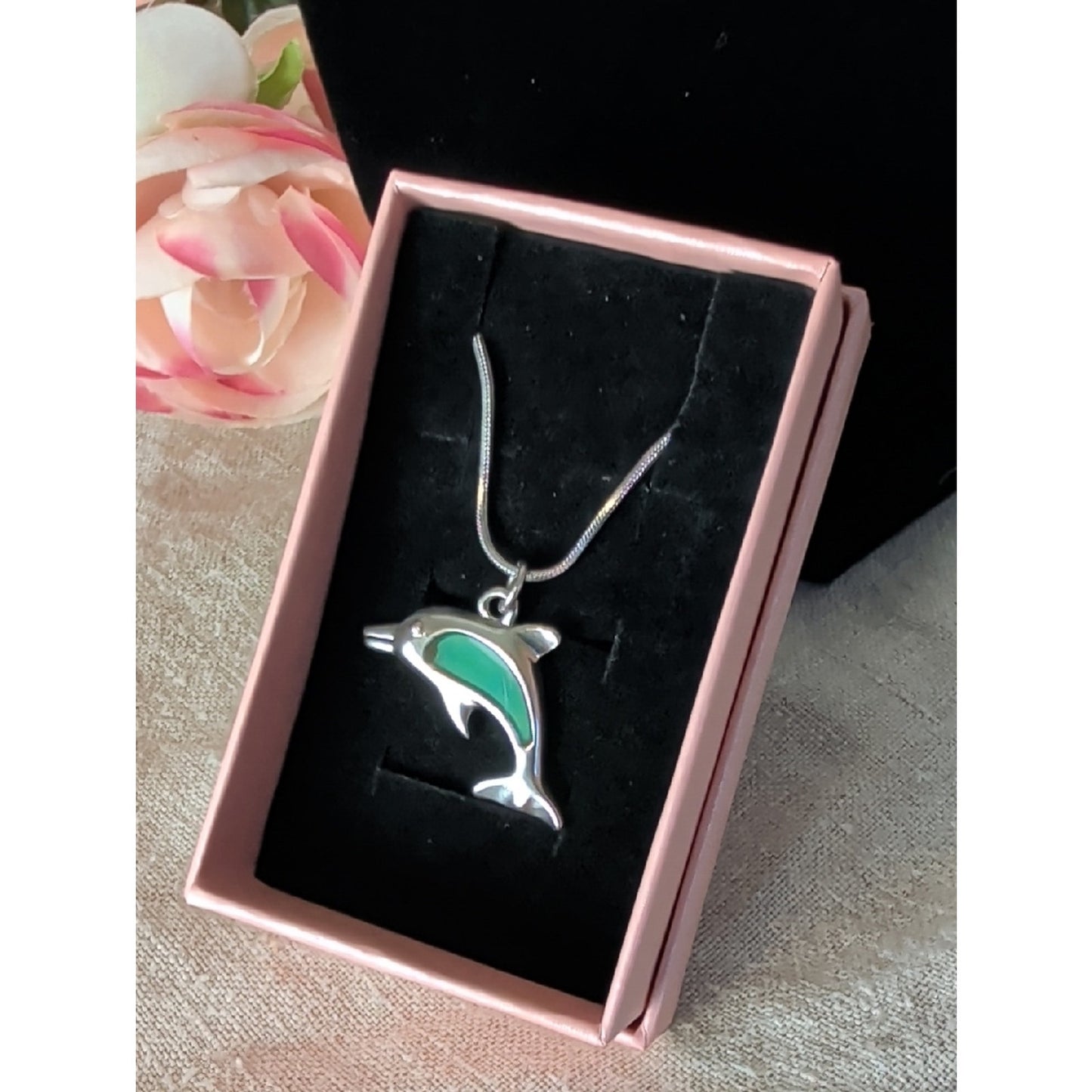 Vintage Dolphin Mood Necklace Silver Tone Coastal Nostalgia Pendant 90s