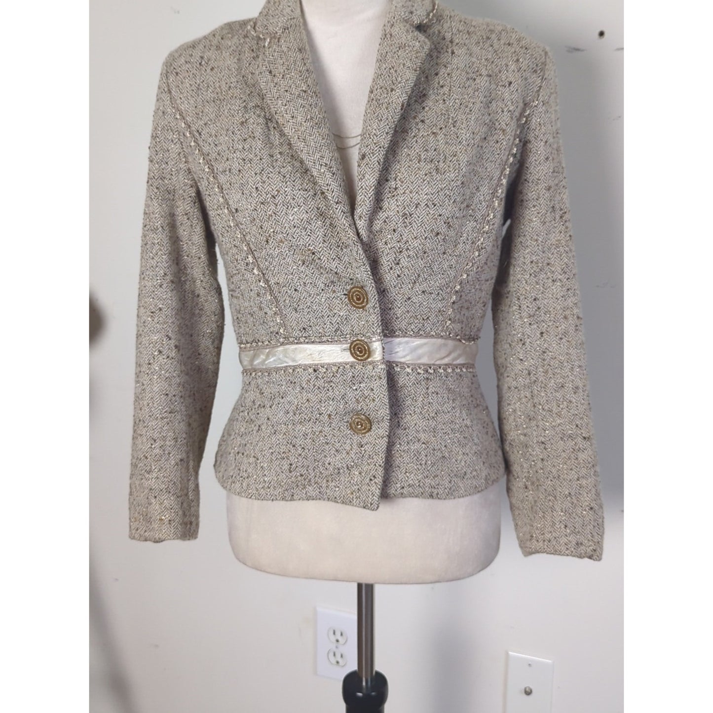 Vintage French Wool Tweed Blazer Angel Nina Paris Jacket Equestrian Style Small