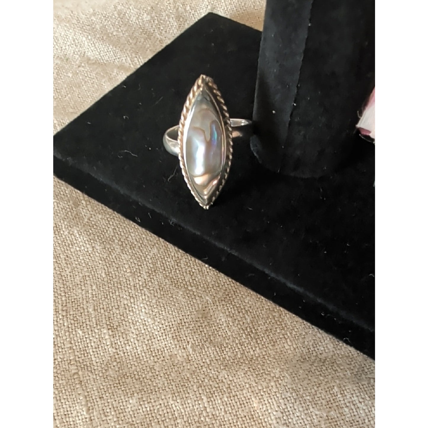 Vintage Mexico Abalone Shell Ring Alpaca Silver Marquise Artisan Ring