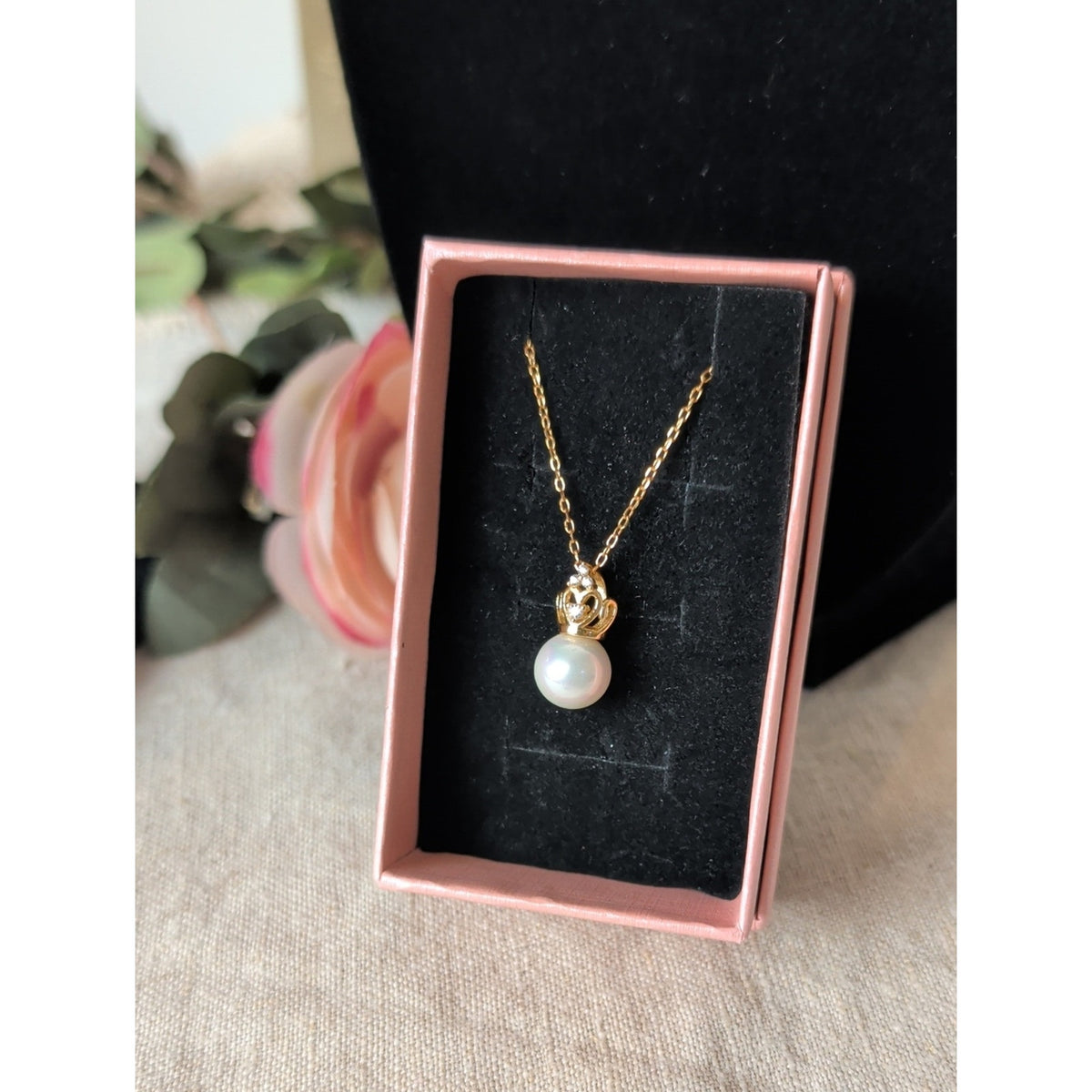 925 Sterling Silver Crown Pearl Pendant Necklace CZ Accents Glass Pearl