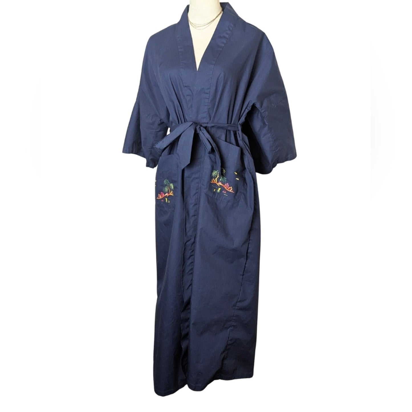 Vintage Japanese-Inspired Kimono Robe Navy Wrap Duster Embroidered Pockets