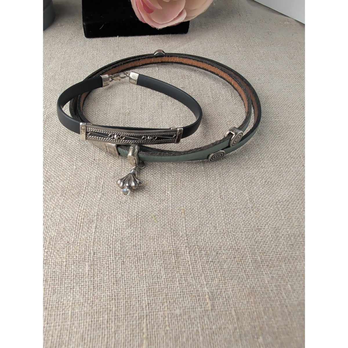 Sterling & Leather Stackable Bracelets Southwestern Boho Wrap/Clasp 7"