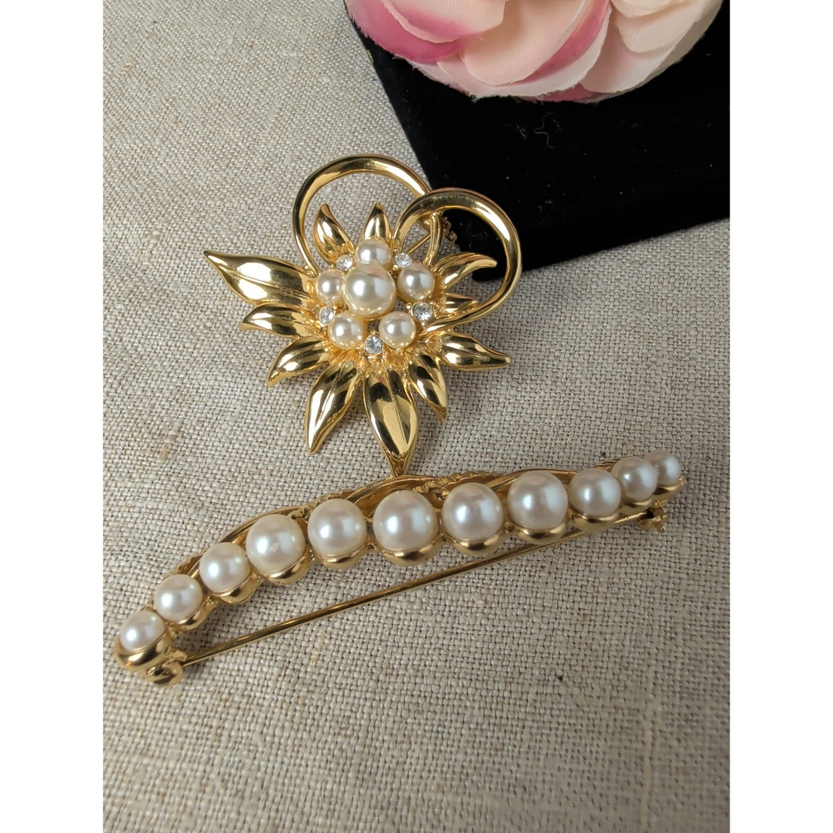 Vintage Gold Tone Faux Pearl Brooch Set of 2 Floral Coquette Romantic Jewelry