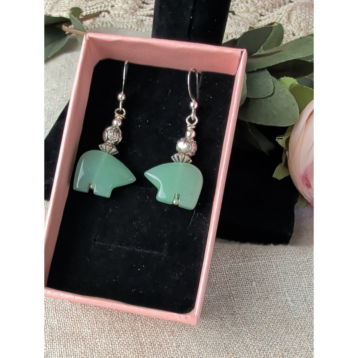 Sterling Silver Green Jadeite Bear Fetish Dangle Earrings Southwestern Artisan