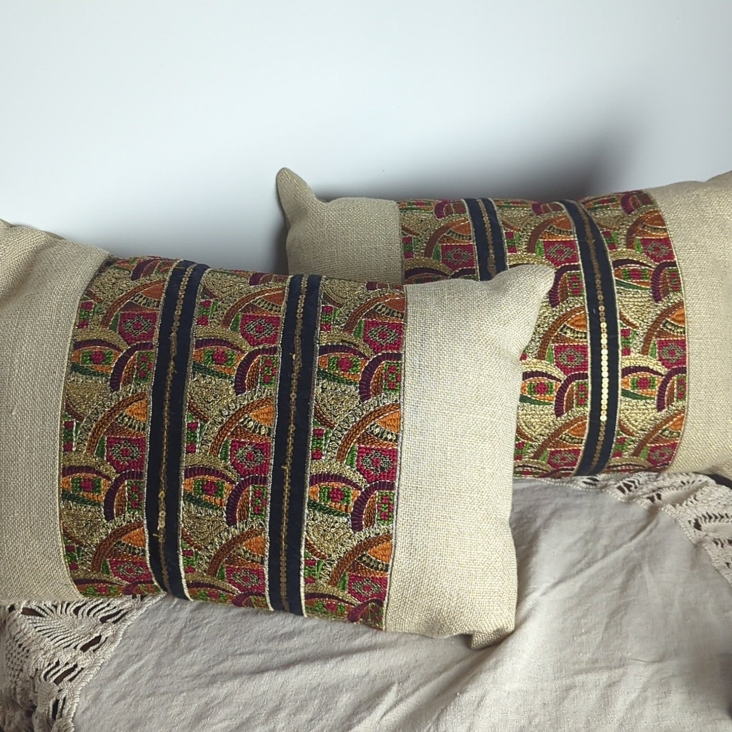 Pier 1 Embroidered Throw Pillows Set of 2 Boho Global Accent 18 x 12