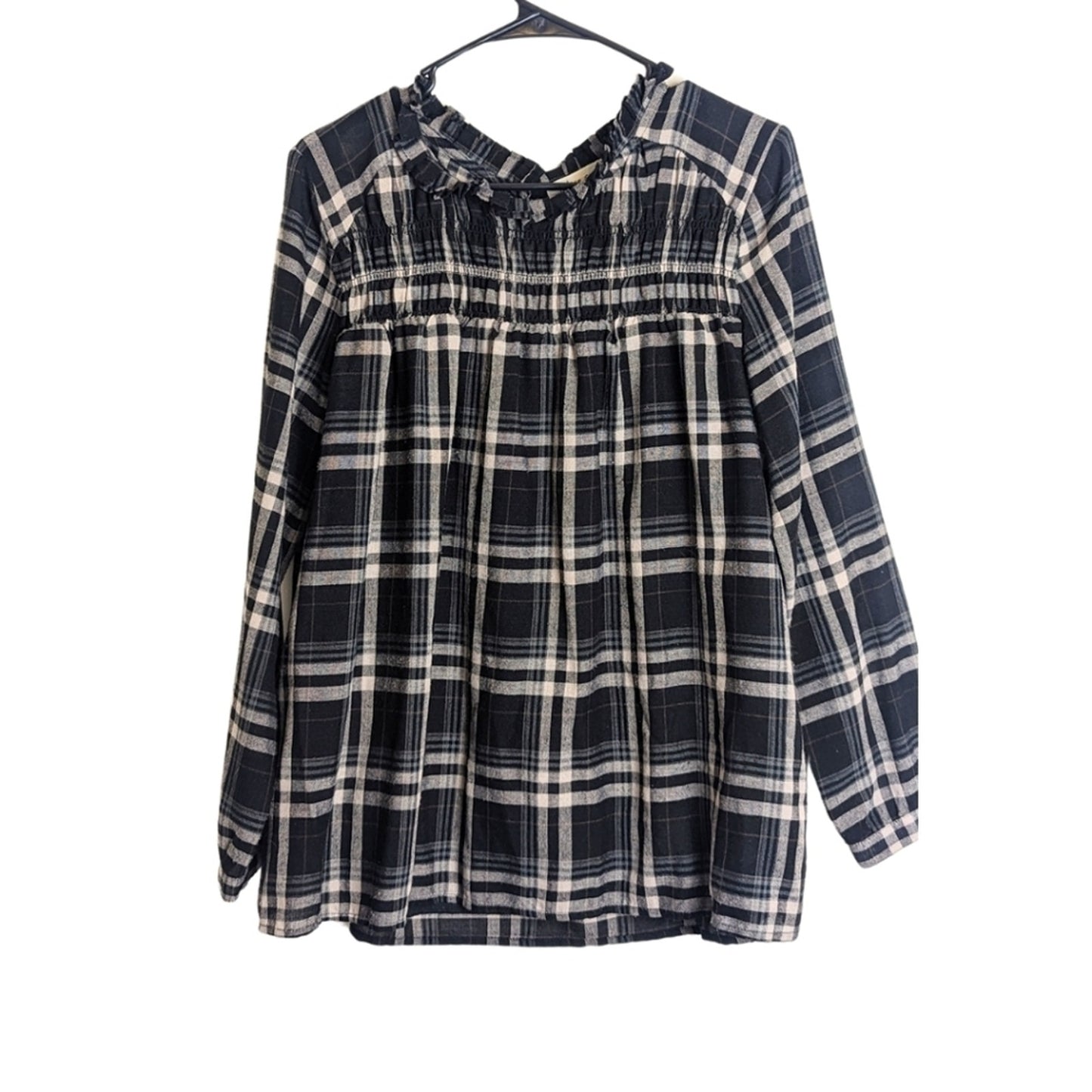 Plaid Babydoll Pop-Over Top Smocked Lightweight Swing Top-Black Women's Medium