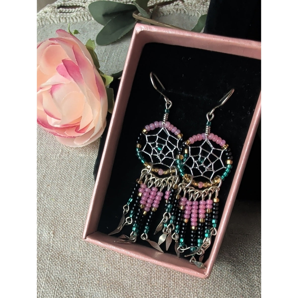 Sterling Silver Hook Glass Bead Dreamcatcher Earrings Southwestern Boho