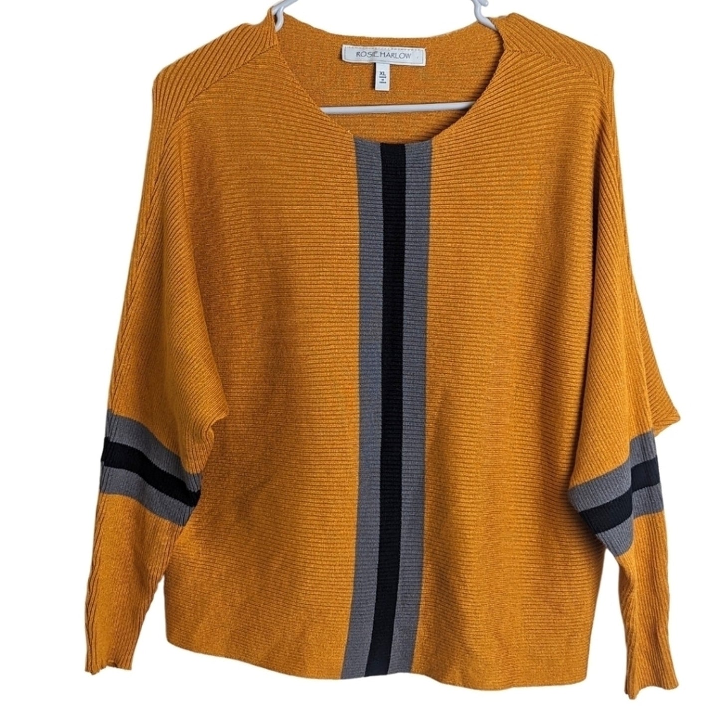Mustard Yellow Stretch Jersey Ribbed Knit Sweater Women's Size XL