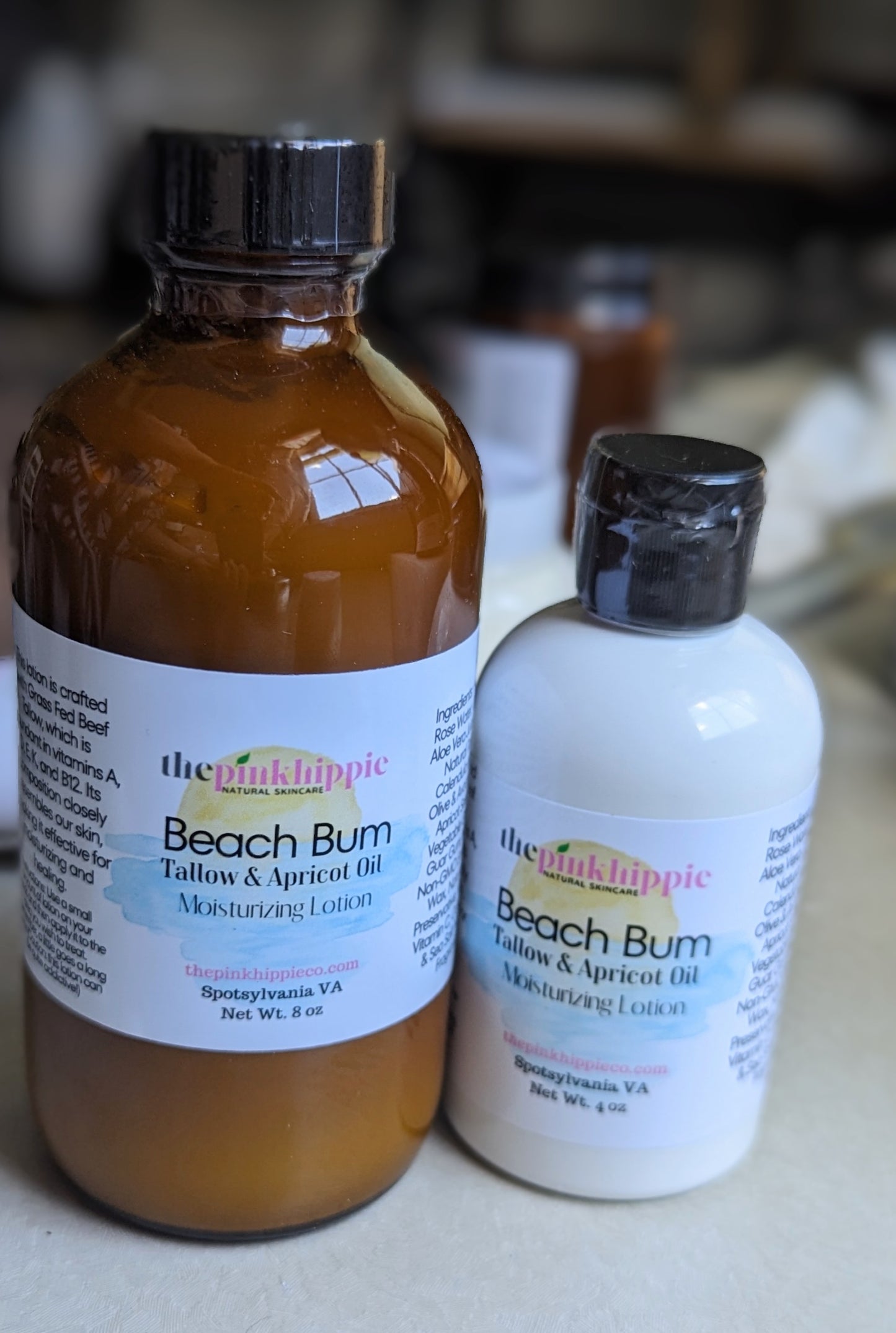 Beach Bum Tallow Lotion 3.4 oz bottle and 8 oz amber pump bottle