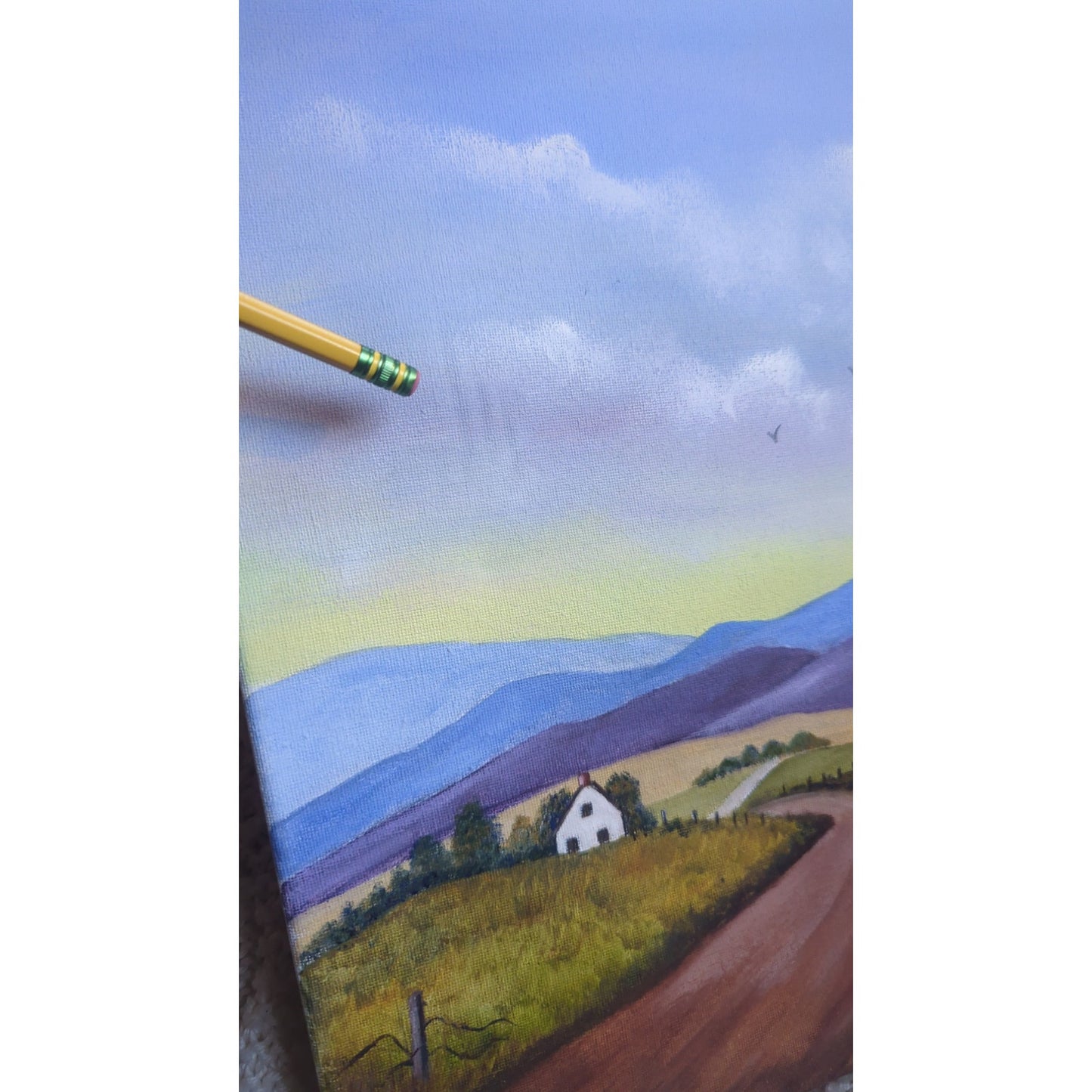 Original Folk Art Landscape Painting Signed J. Hall – Country Road Farmhouse Cottage Art on Canvas
