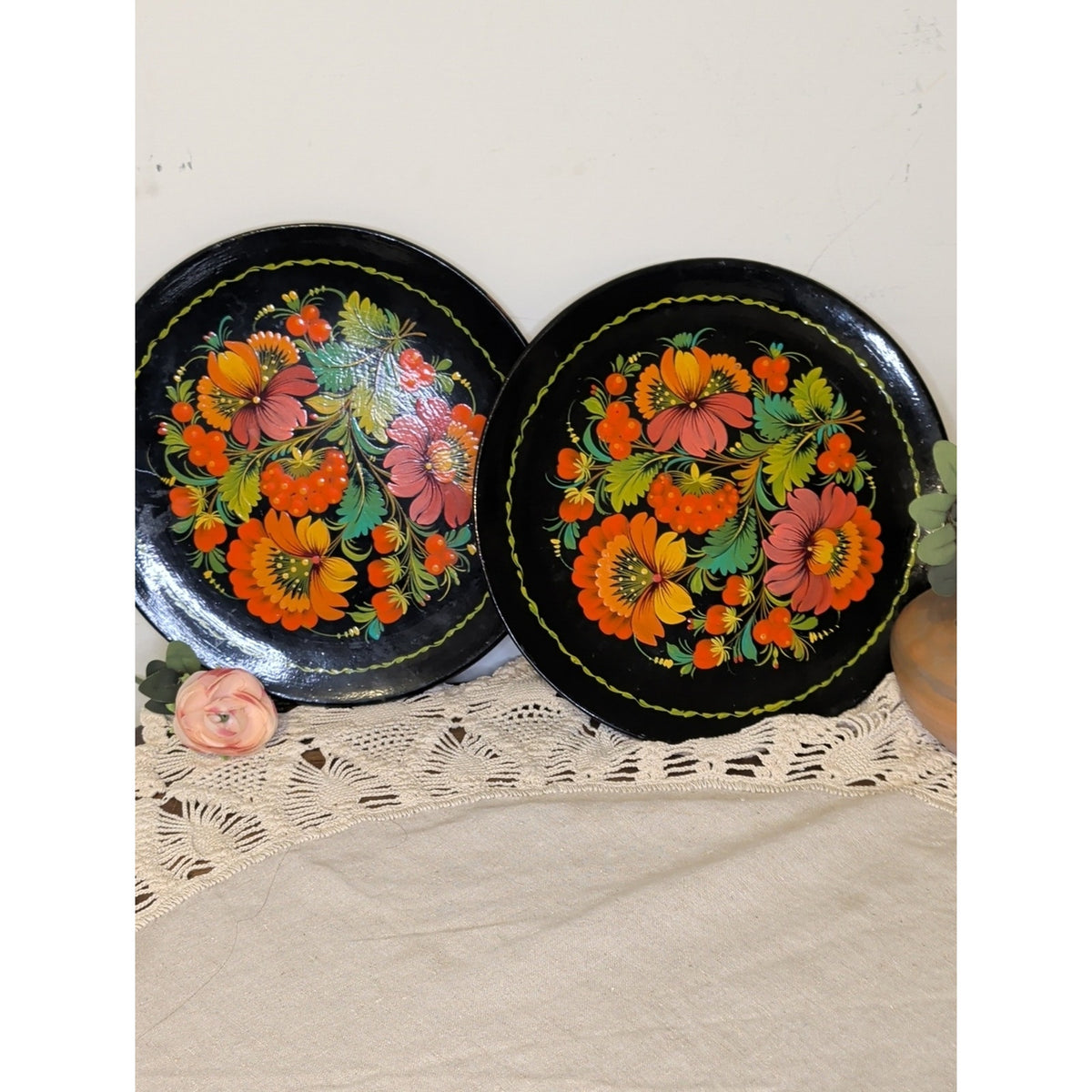 Vintage 1991 Ukrainian Petrykivka Folk Art Painted Wood Plates USSR Set of 2 11”
