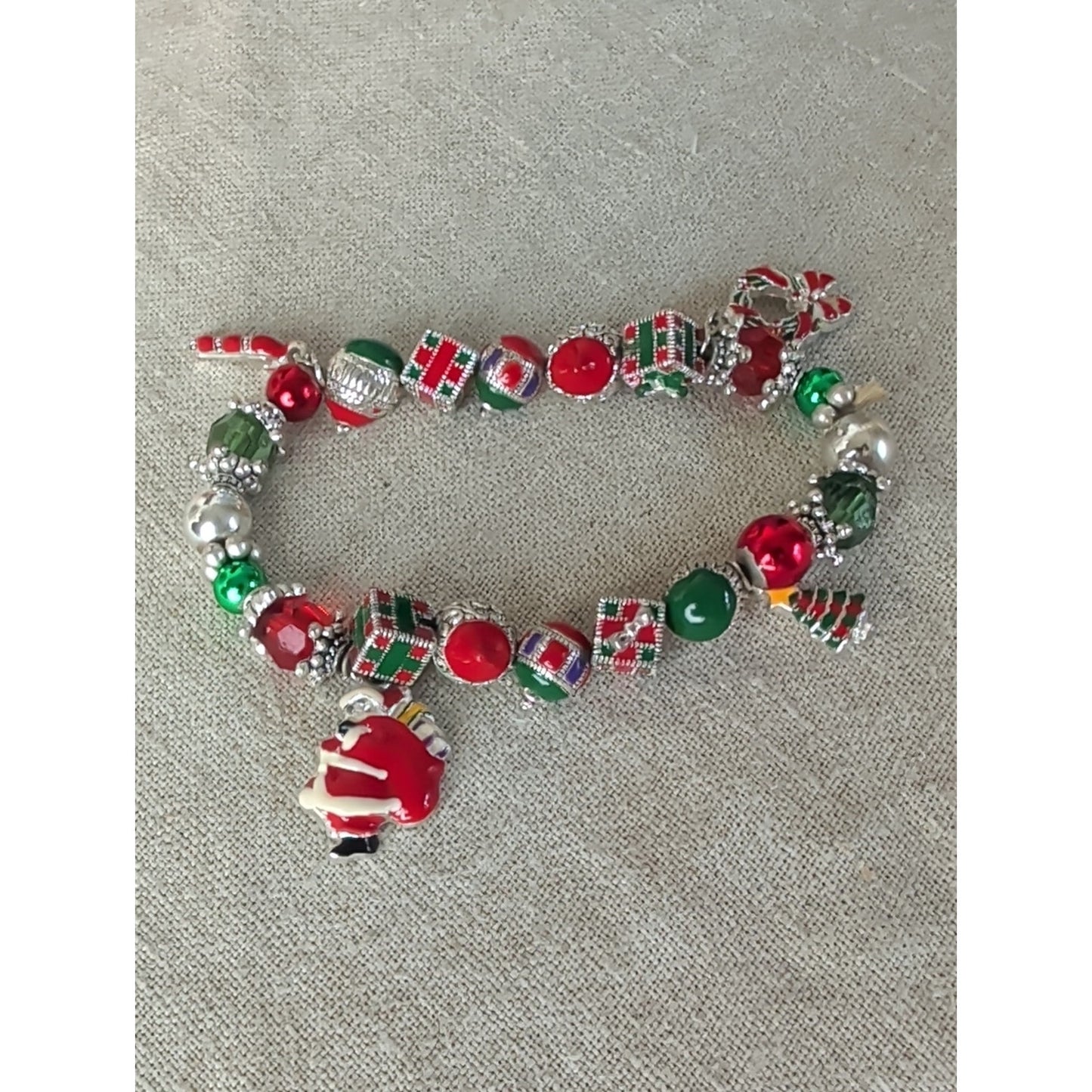 Vintage 80s Christmas Charm Bracelet Santa Tree Candy Cane Holiday Stretch