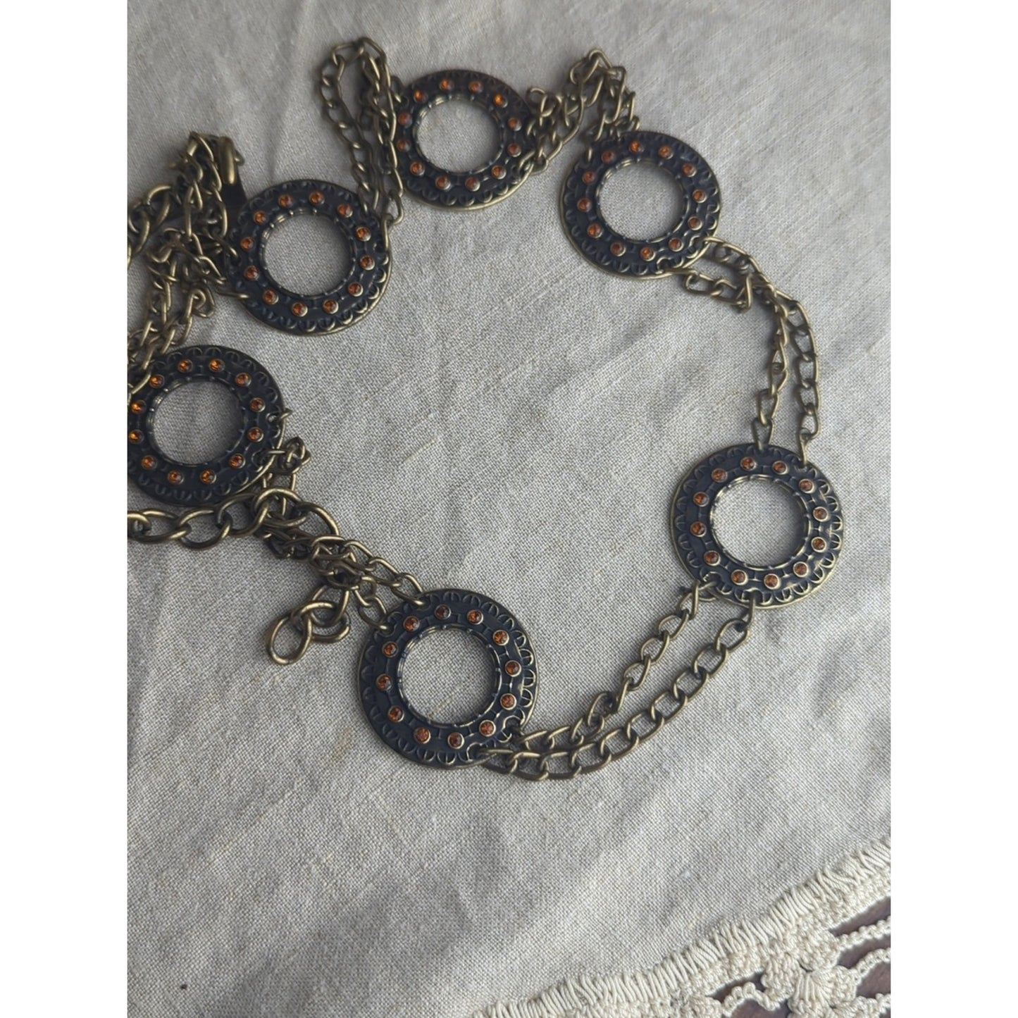 Y2K Double Chain Medallion Belt Antiqued Brass Tone Boho Western Waist 30"-40"