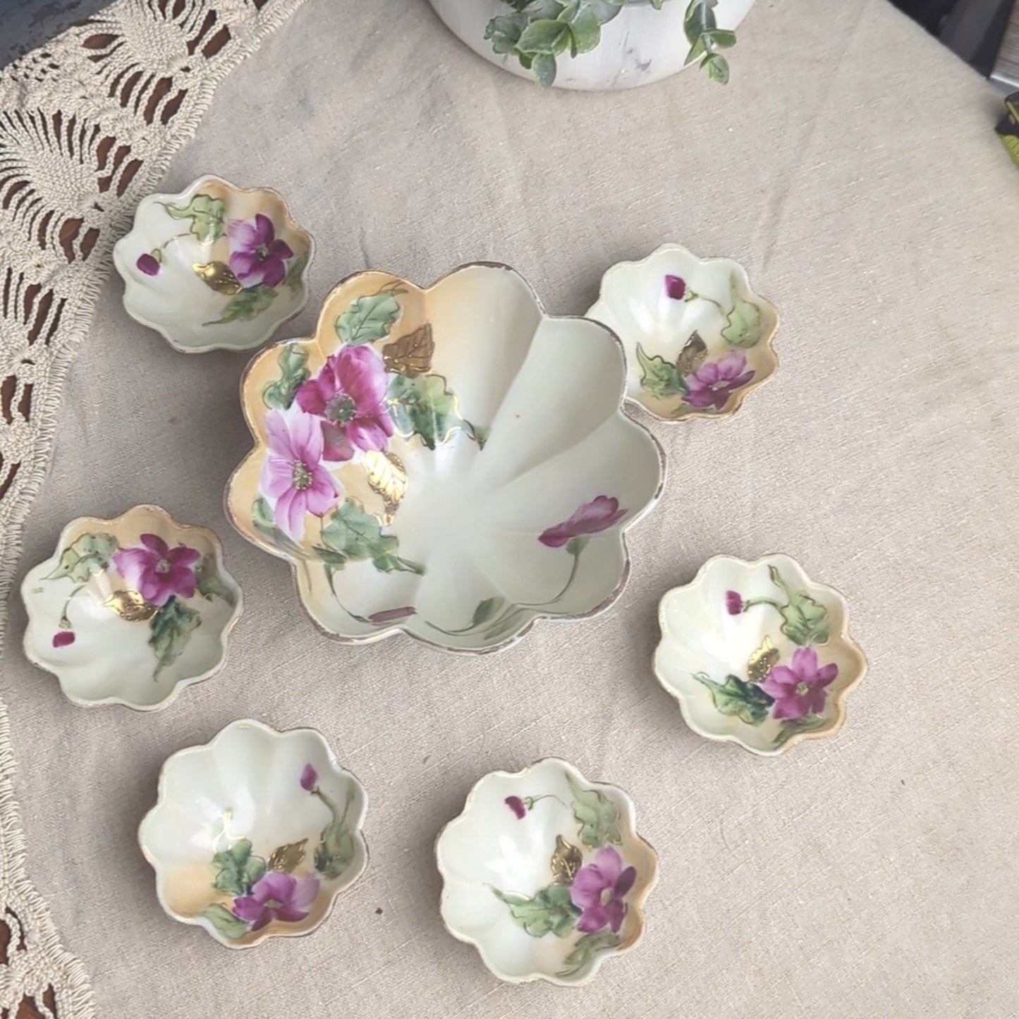 Vintage Made in Japan Porcelain Relish Server Set 3-Footed Bowl & 6 Floral bowls