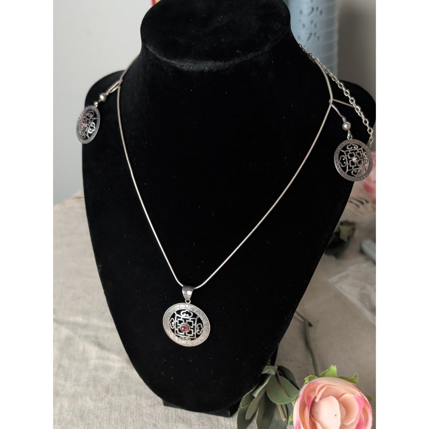 Sterling Silver 925 Tibetan Mandala Pendant Necklace & Earrings Set Red Cabochon