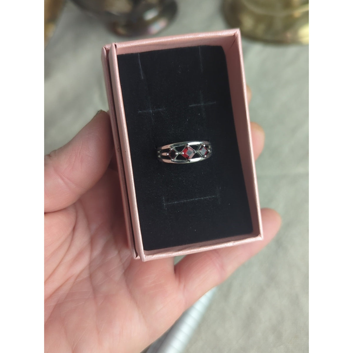 Sterling Silver 925 Red Stone Lattice Band Ring | Geometric Openwork Garnet Tone
