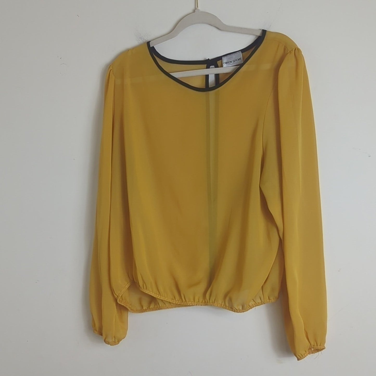 Mustard Yellow Pop-Over Sheer Blouse Peekaboo Back Mustard Yellow