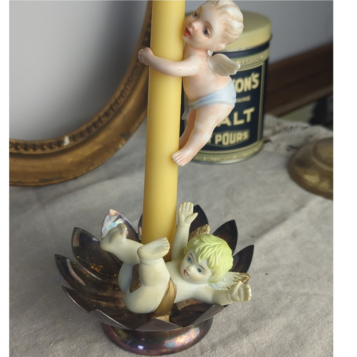 Vintage Cherub Candle Hugger – Romantic Putti Angel Pair Storybook Cottage