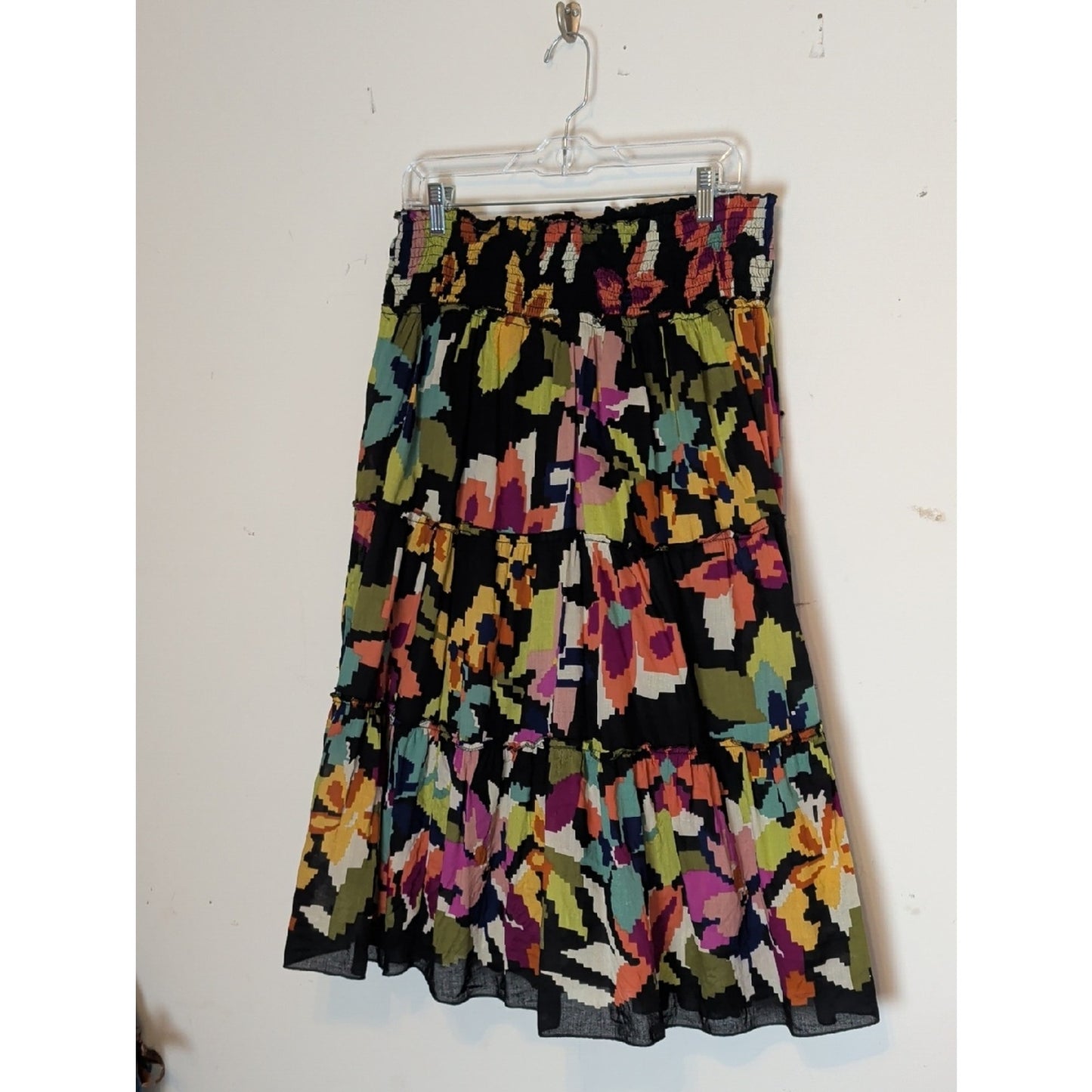 Vintage Boho Tiered Midi Skirt Smocked Waist Abstract Floral Cotton Large
