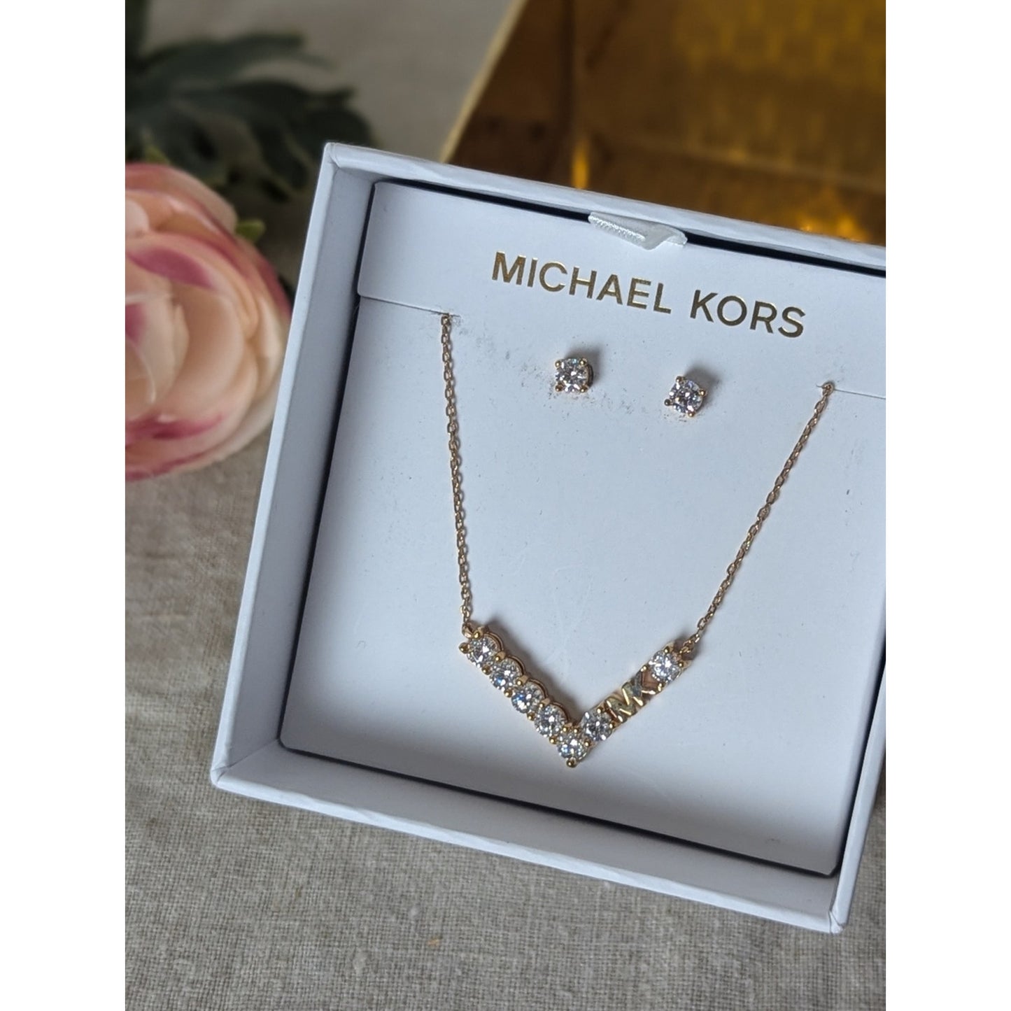 Michael Kors Rose Gold Necklace & Earrings Set Crystal MK Pendant Jewelry