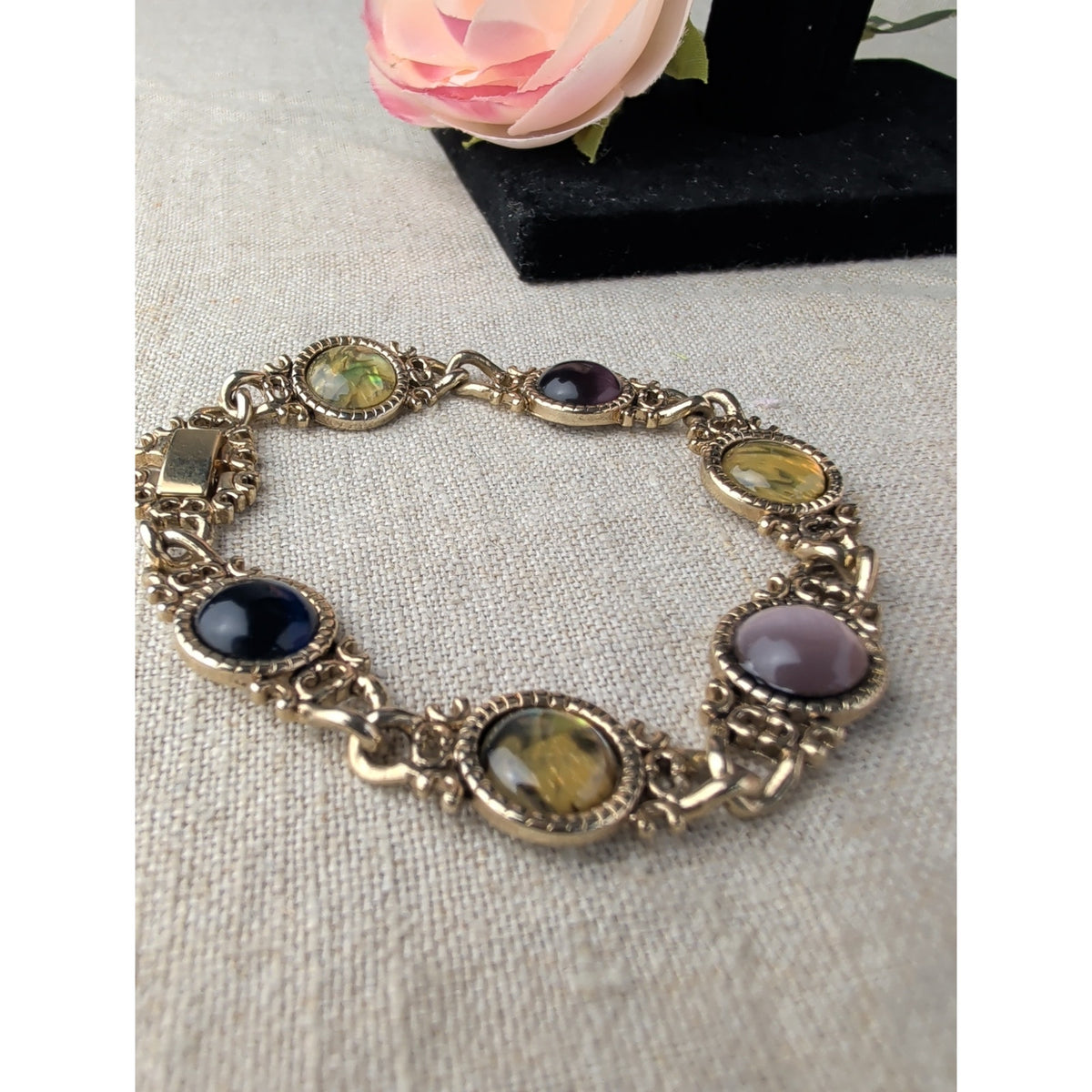 Vintage Bracelet 6.75" Gold Tone Abalone & Cat's Eye Cabochons