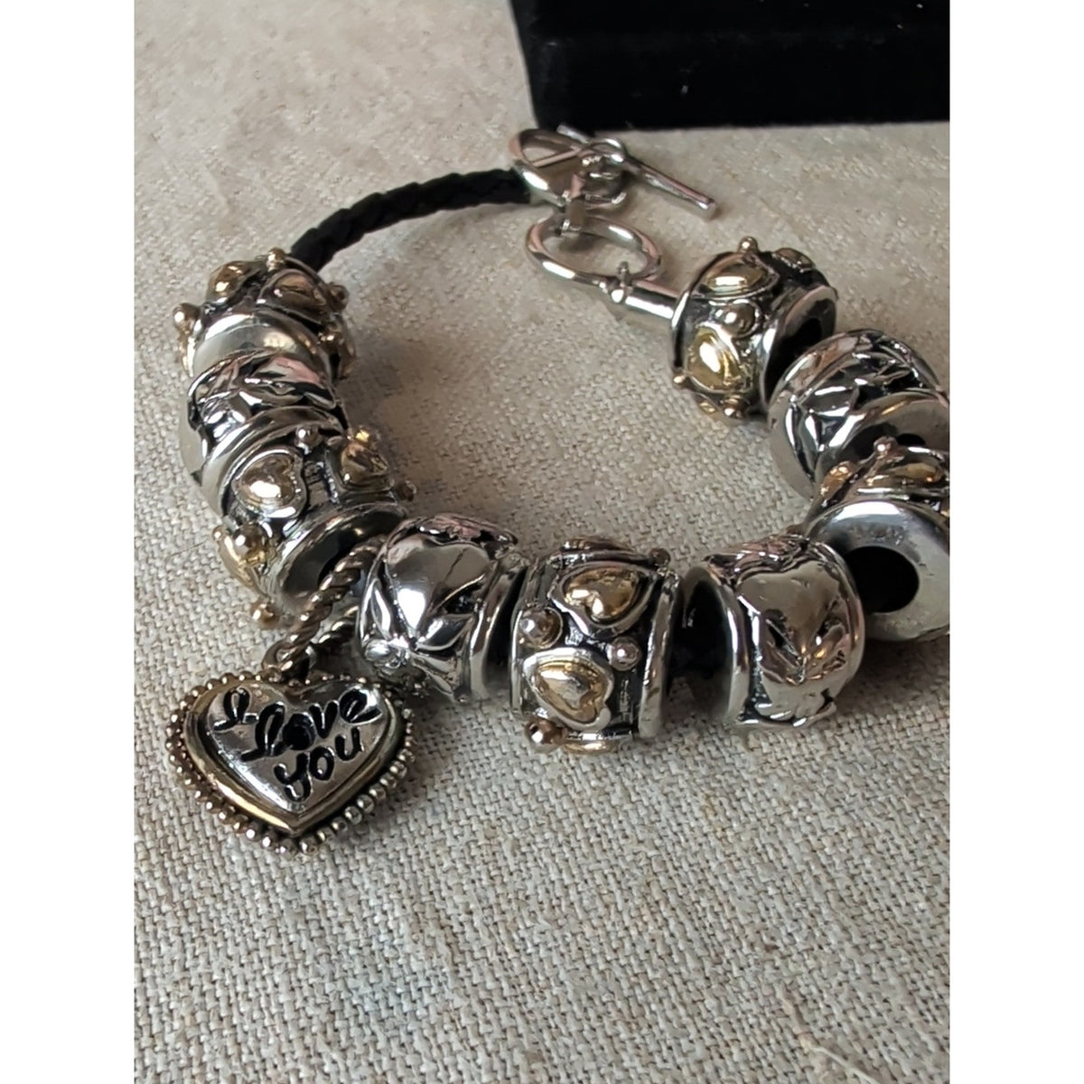 Heart Charm Bracelet Black Braided Leather European Bead Bracelet Romantic