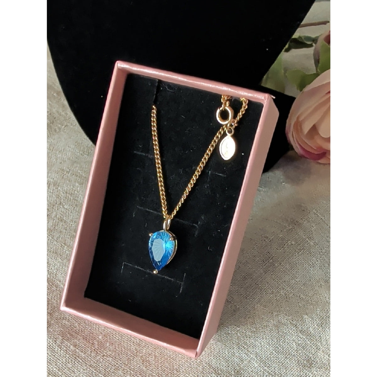 Blue Crystal Teardrop Pendant Necklace Gold Tone Celestial Glam Statement