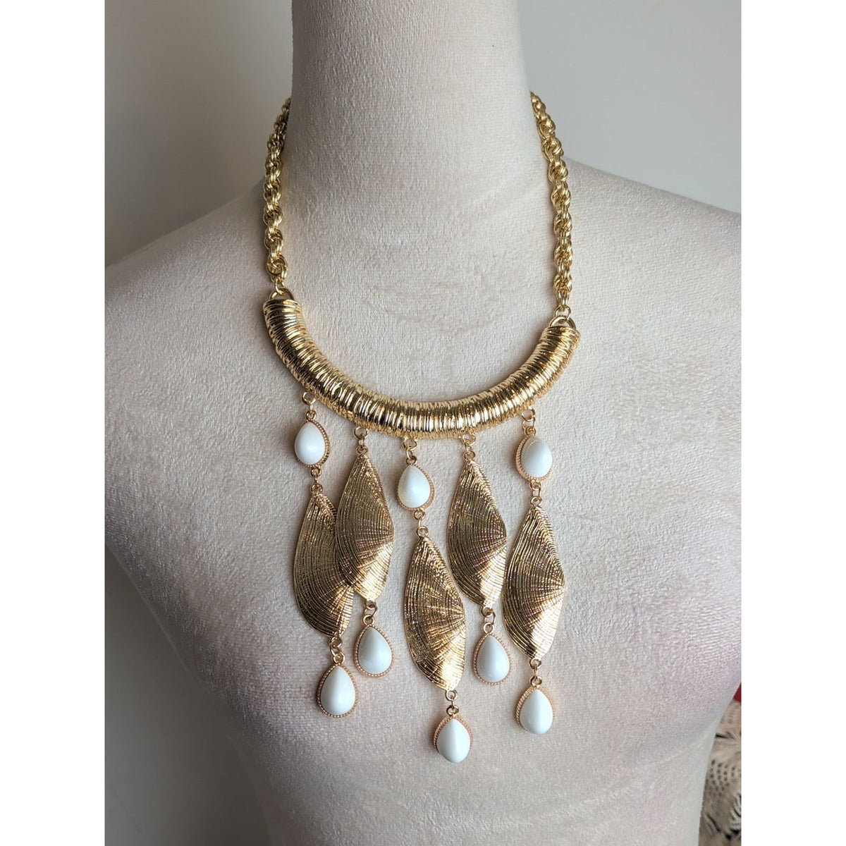 Lilly Pulitzer Gold Tone Statement Necklace Shell Fringe & White Glass Cabochons
