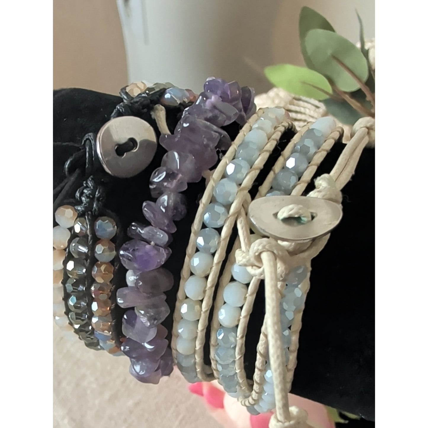 Amethyst Gemstone & Crystal Glass Bracelet Stack Boho Wrap Set of 3
