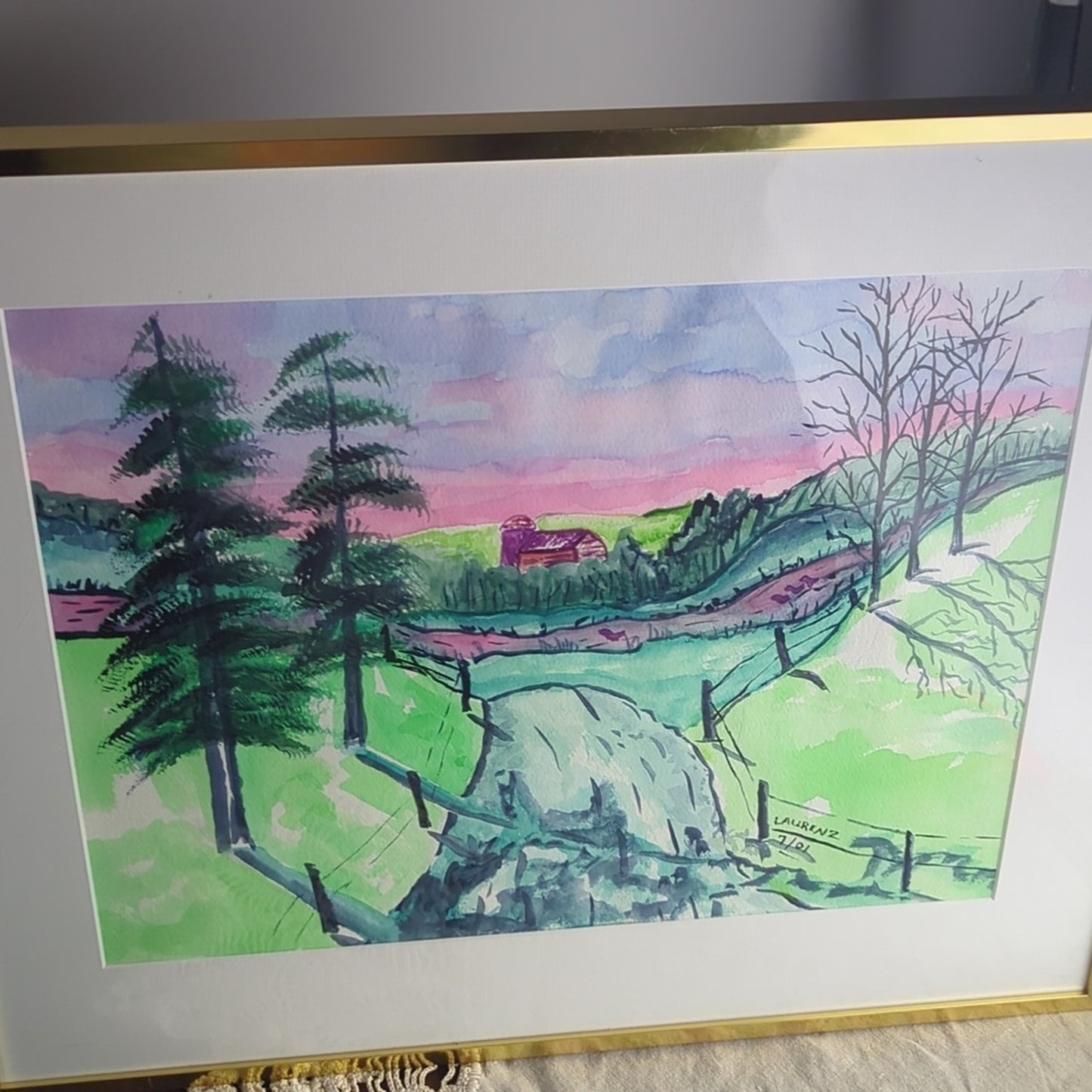 Original Watercolor Landscape Painting Framed Countryside Art Signed Laarenz