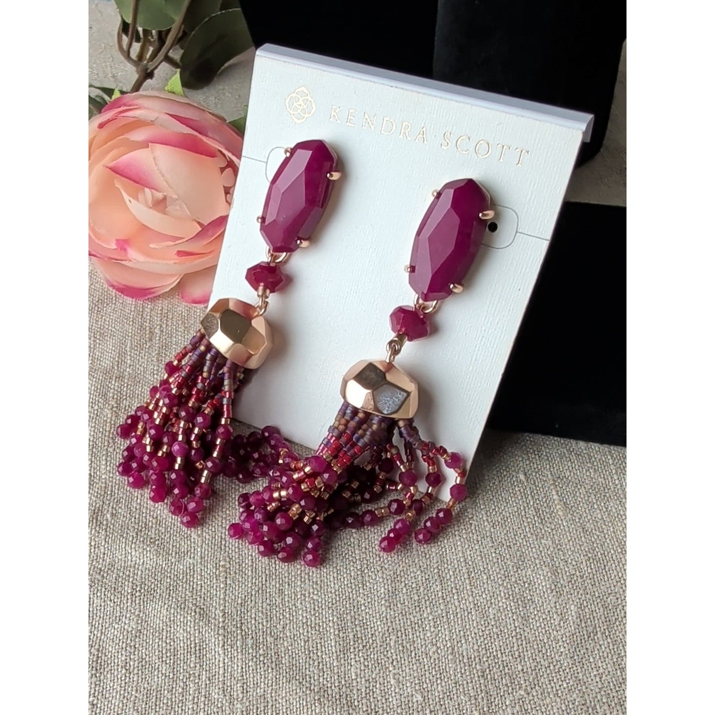 Kendra Scott Magenta Stone Tassel Earrings NWT Rose Gold Boho Luxe Statement