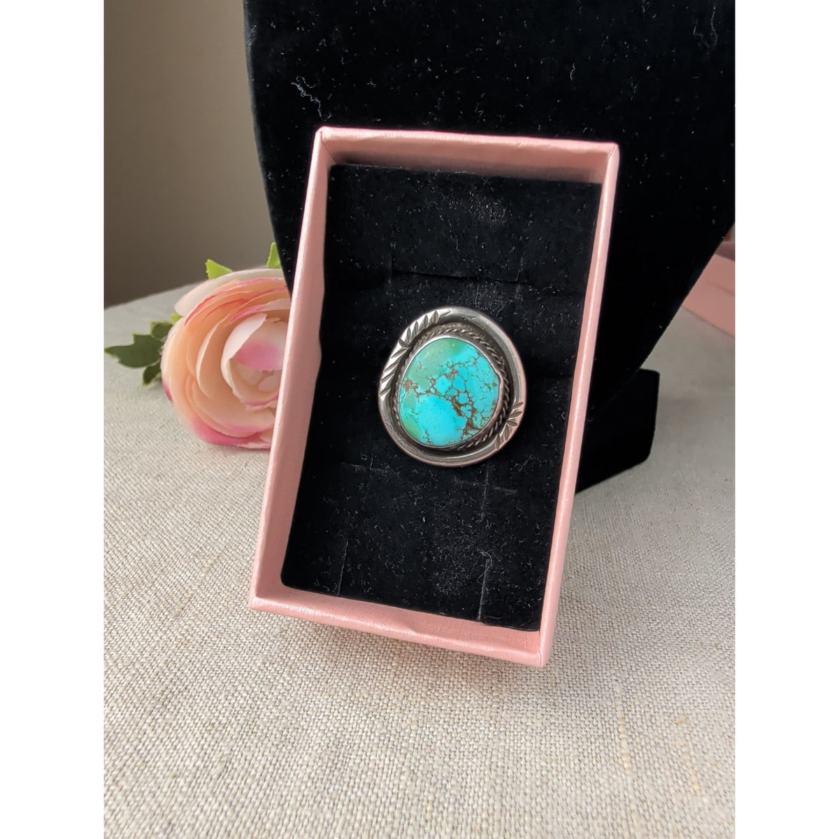 Vintage Navajo Sterling Silver Turquoise Ring Size 5 Signed Artisan Mark "T" Split Shank