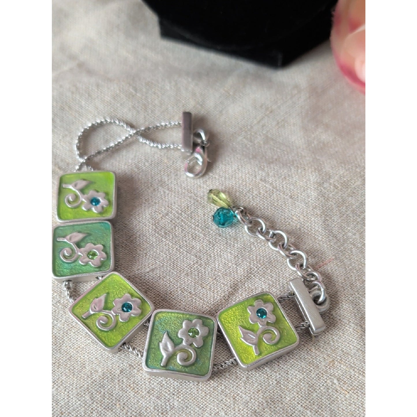 Vintage Bob Mackie Enamel Flower Bracelet Green Silver Tone