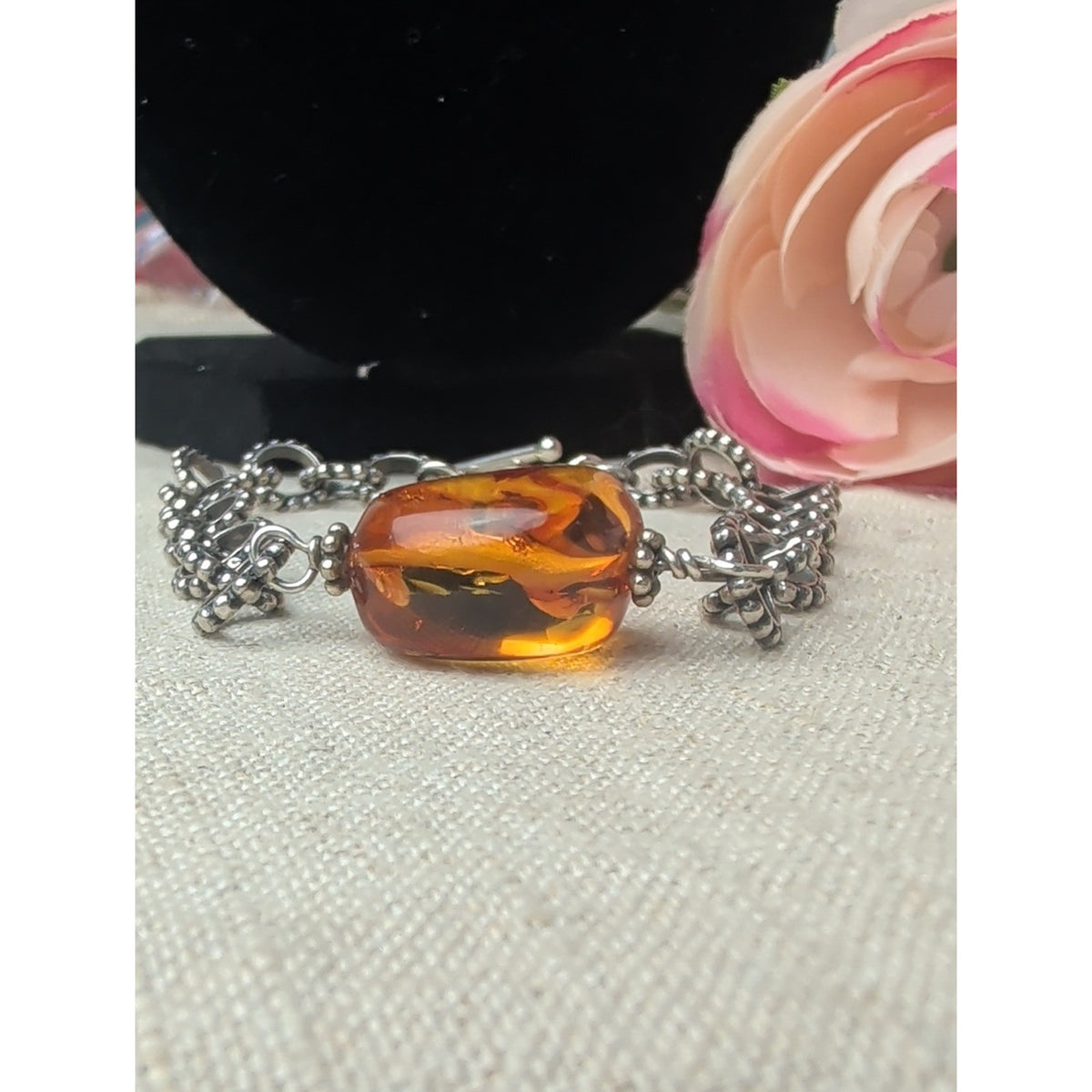 Dreamy 925 Sterling Silver Amber Bracelet Cognac Artisan Statement Jewelry 7"