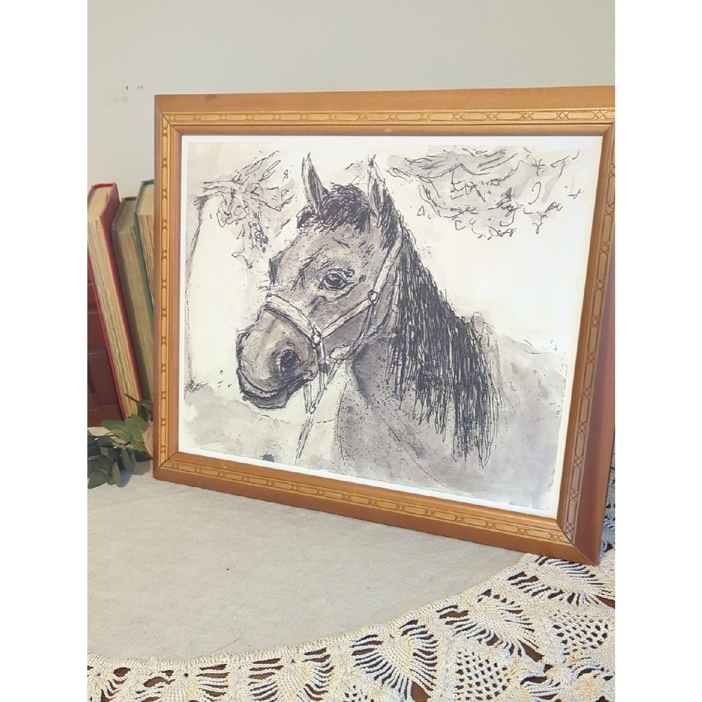 Framed Equestrian Horse Art Print, Neutral Rustic Study Vintage Style Wood Frame