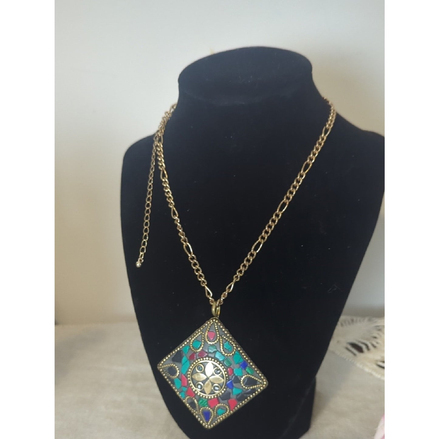 Large Tibetan Style Mosaic Pendant Necklace Y2K Boho Statement Art To Wear
