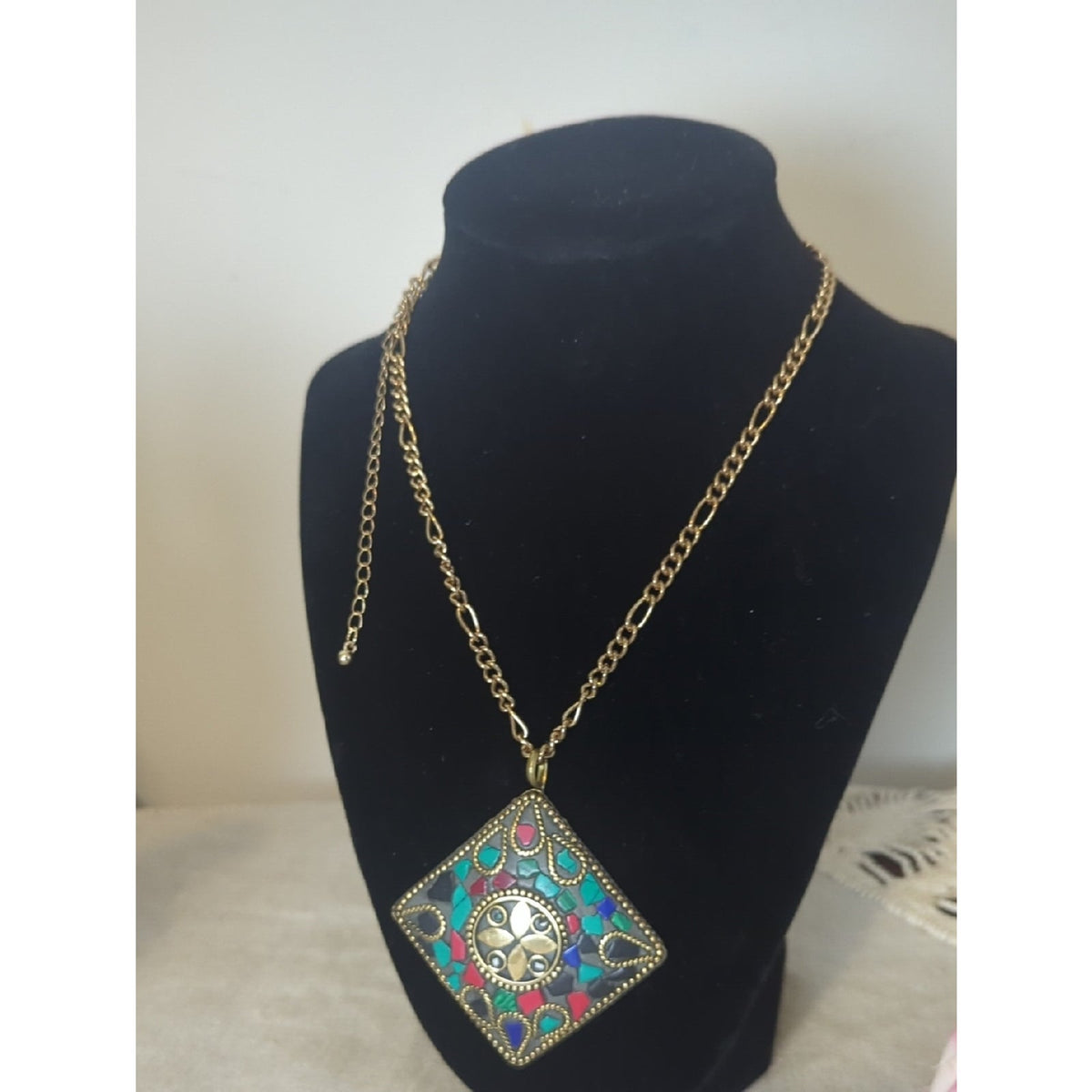 Large Tibetan Style Mosaic Pendant Necklace Y2K Boho Statement Art To Wear