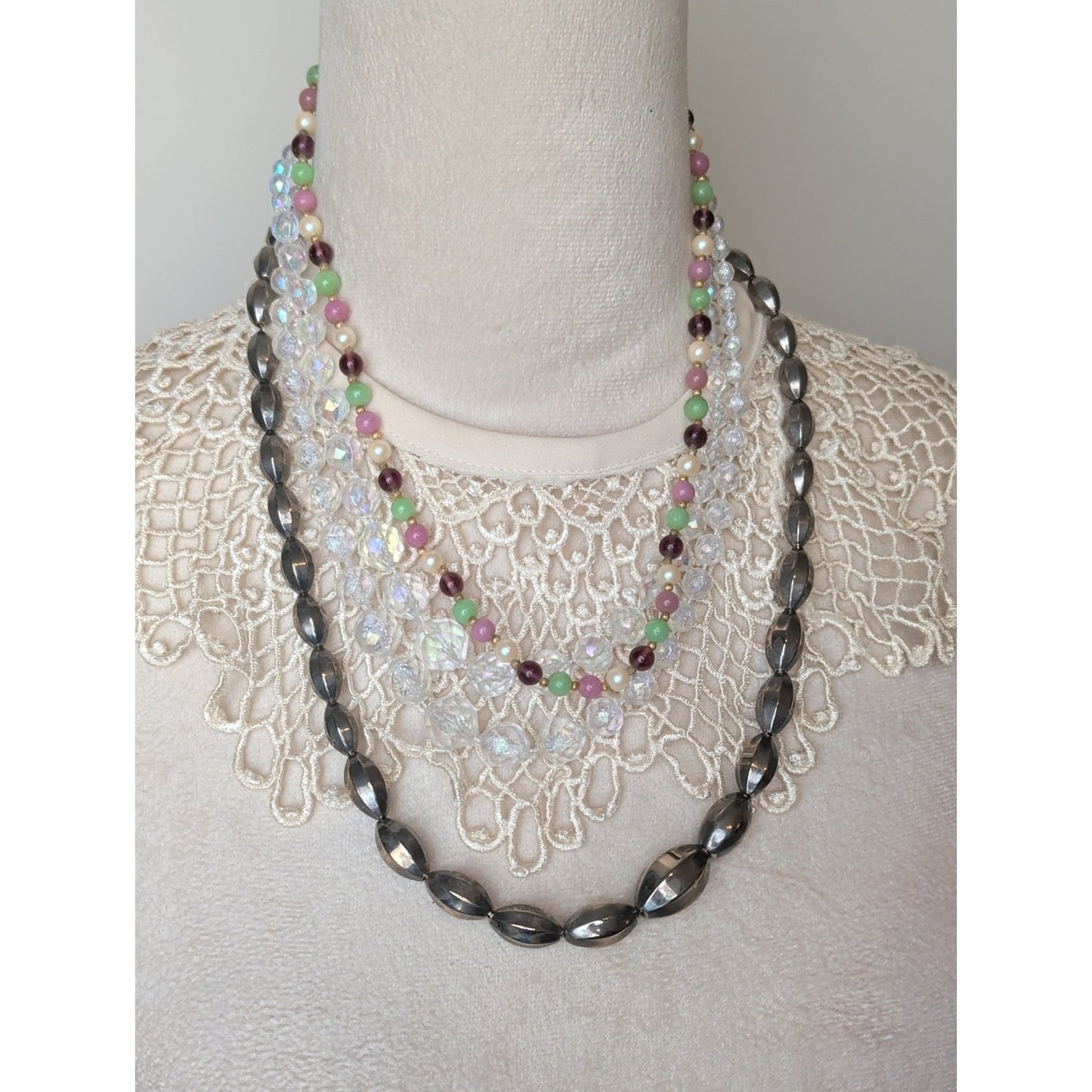Curated Vintage Layered Necklace Trio Coquette Romantic Glass & Aurua Beads