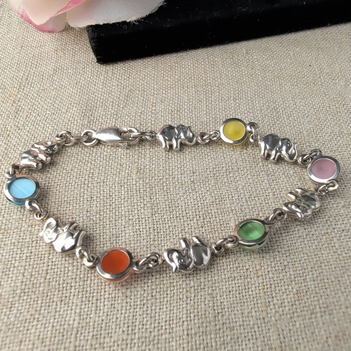 Italy 925 Sterling Silver Elephant & Multicolored Cats Eye Glass Cabochons