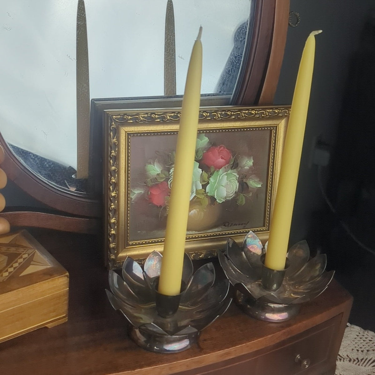 Vintage Silver Plated Candlestick Holders Floral Petal Lotus Hollywood Regency
