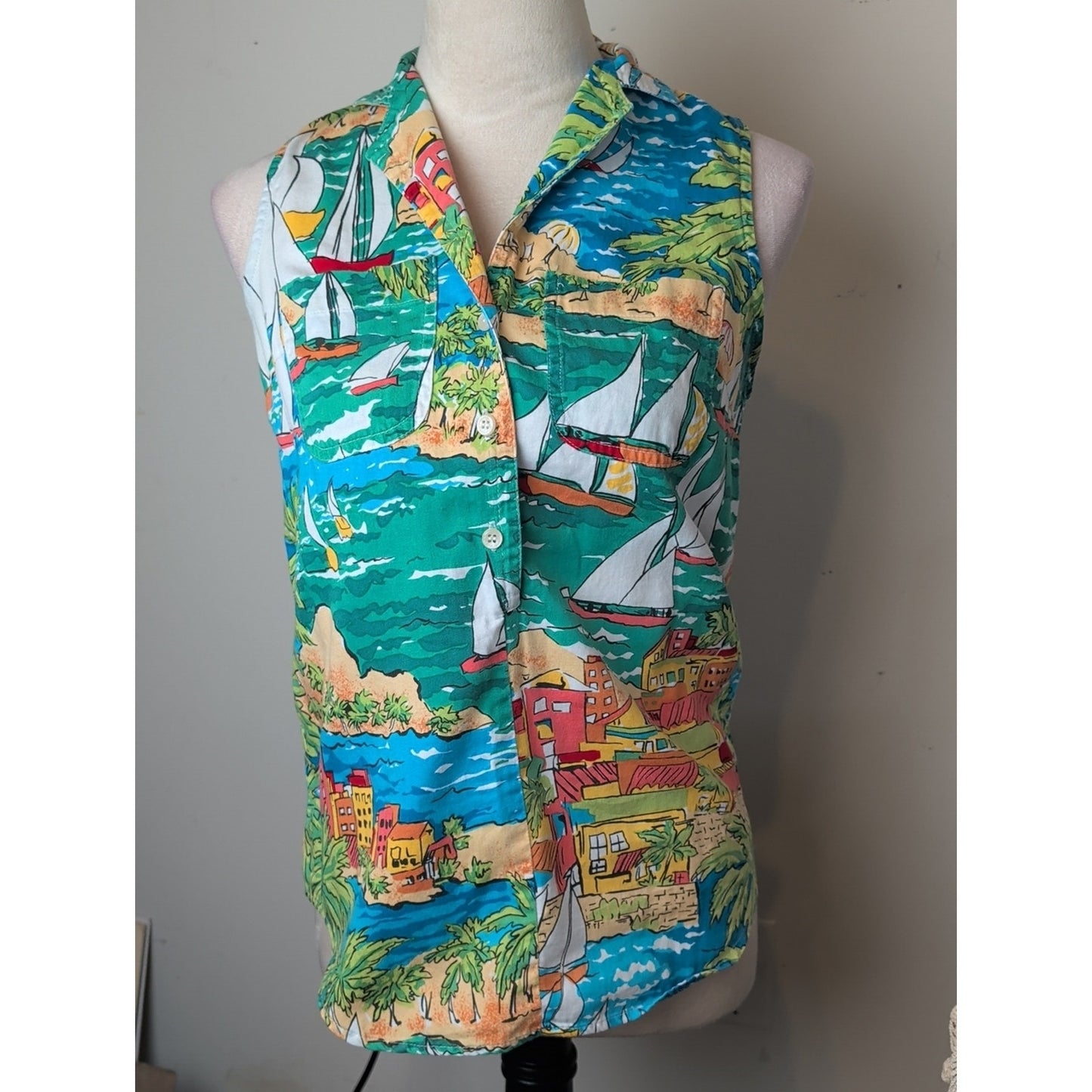 Vintage Bushwacker Sailboat Island Print Sleeveless Popover Top 90s Coastal