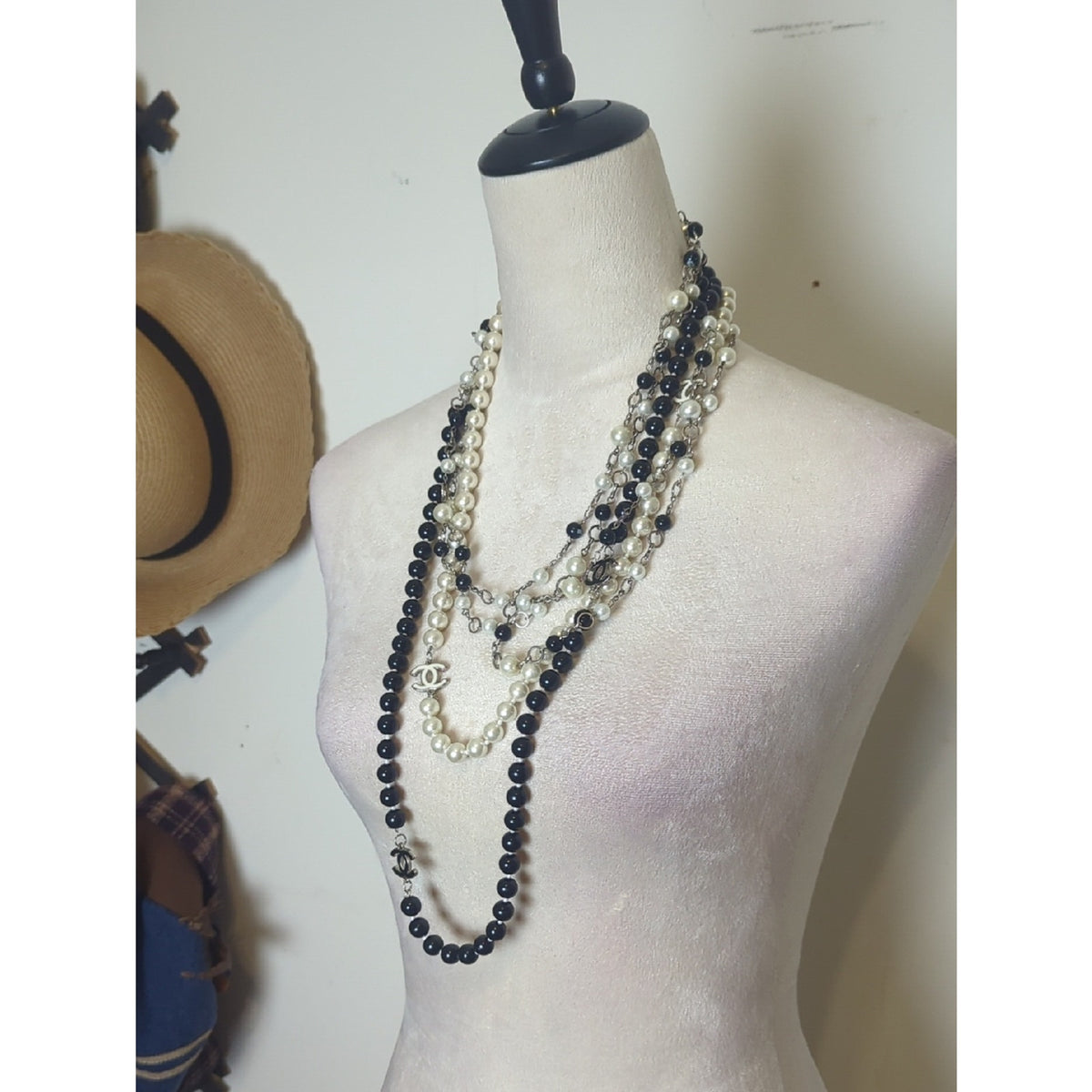 Black & Ivory Pearl Statement Necklace Layered Long Beaded Statement Strand
