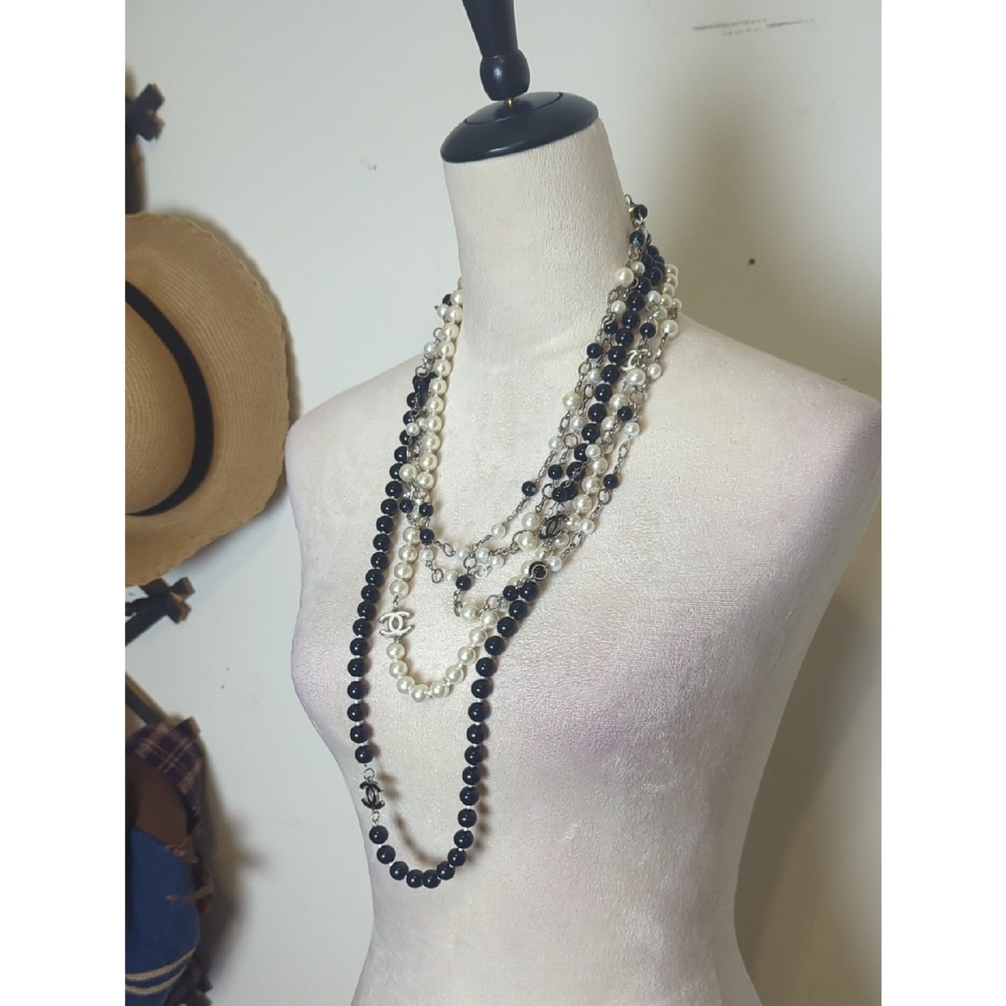 Black & Ivory Pearl Statement Necklace Layered Long Beaded Statement Strand