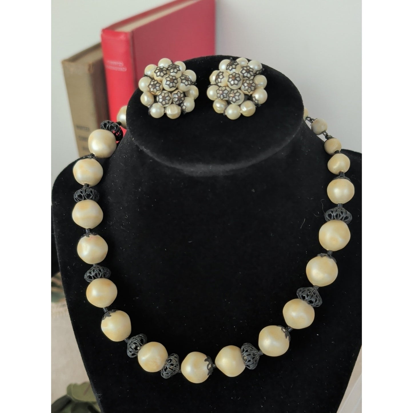 Signed Laguna Faux Pearl Necklace & Clip Earring Set Vintage 1950s Mid-Century