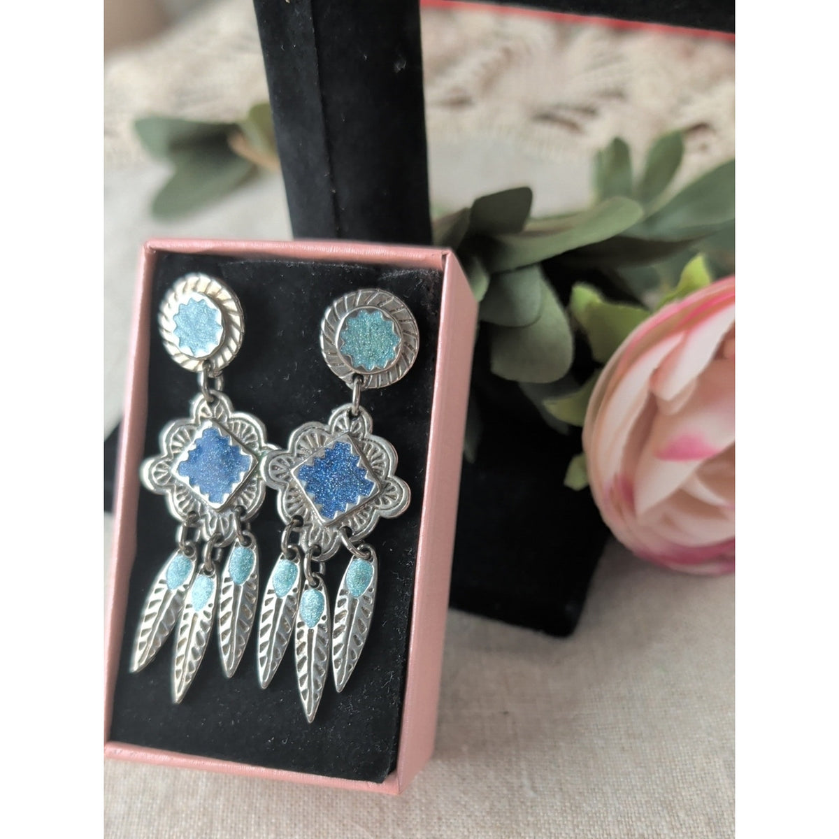 Vintage Edgar Berebi Signed Blue Enamel Feather Dangle Earrings Boho Statement