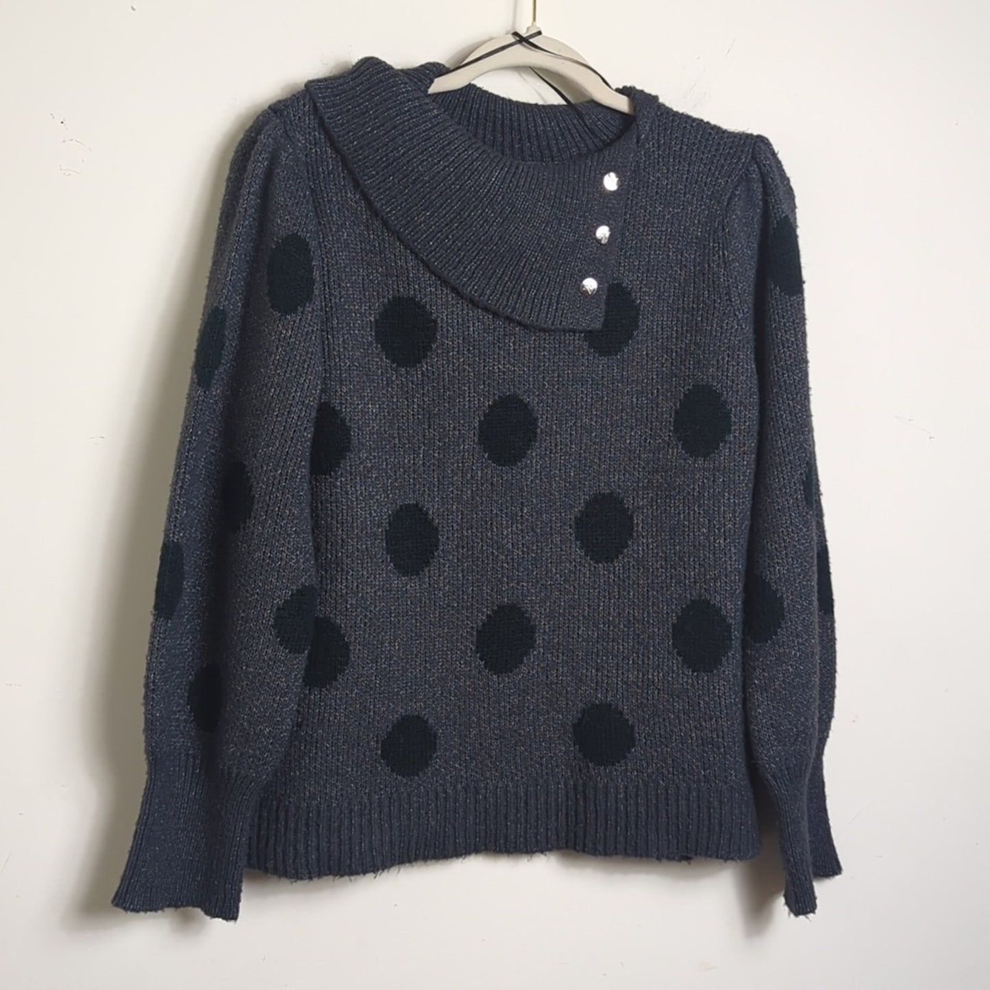 Gray and Black Polka Pullover Sweater Balloon Sleeves Women's XL