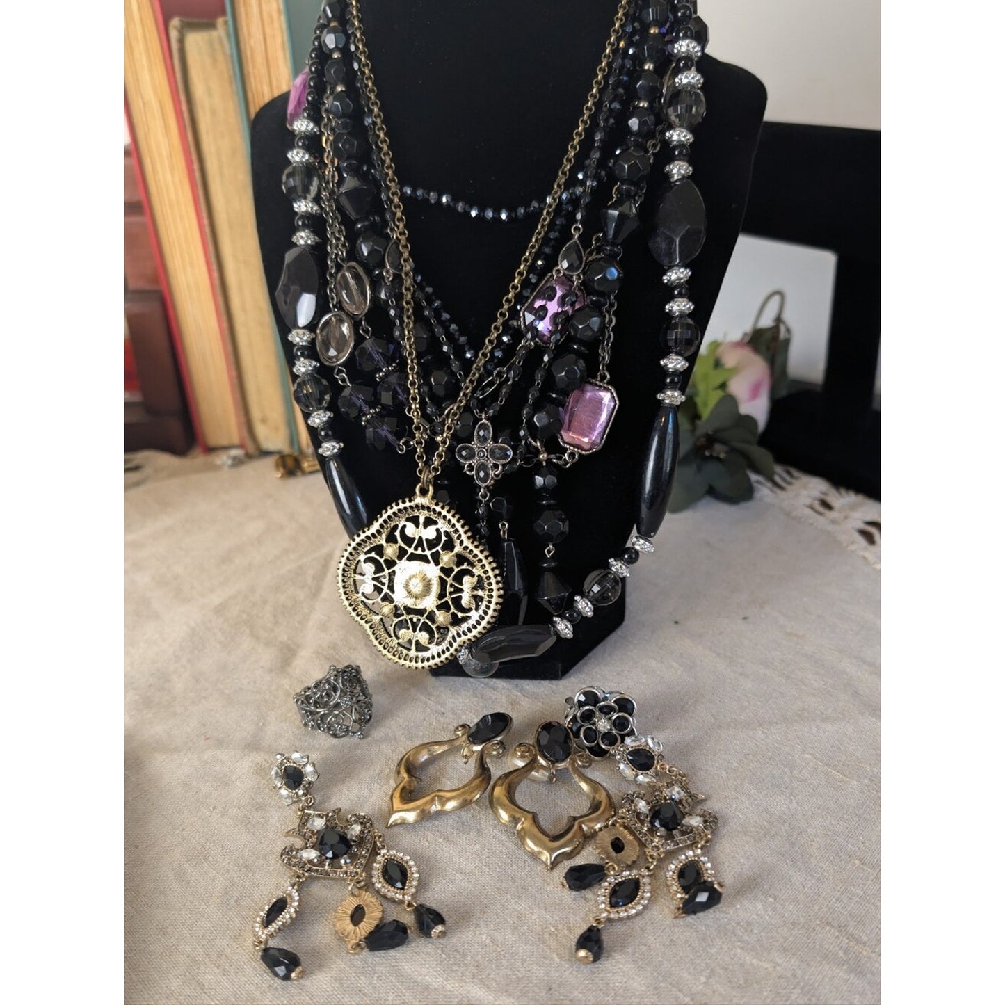 Whimsigoth Dark Romantic Jewelry Lot 6 Necklaces 2 Earring Sets, 2 Stretch Rings