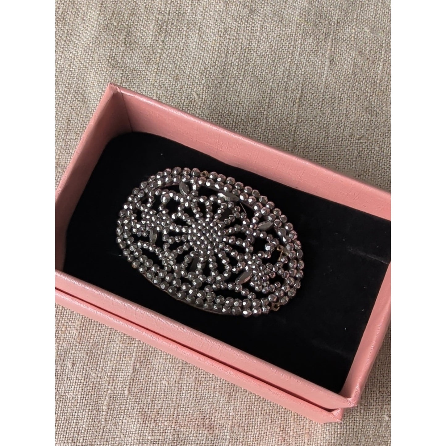 Vintage M.G. France Oval Cut Steel Style Belt Buckle French Floral Starburst