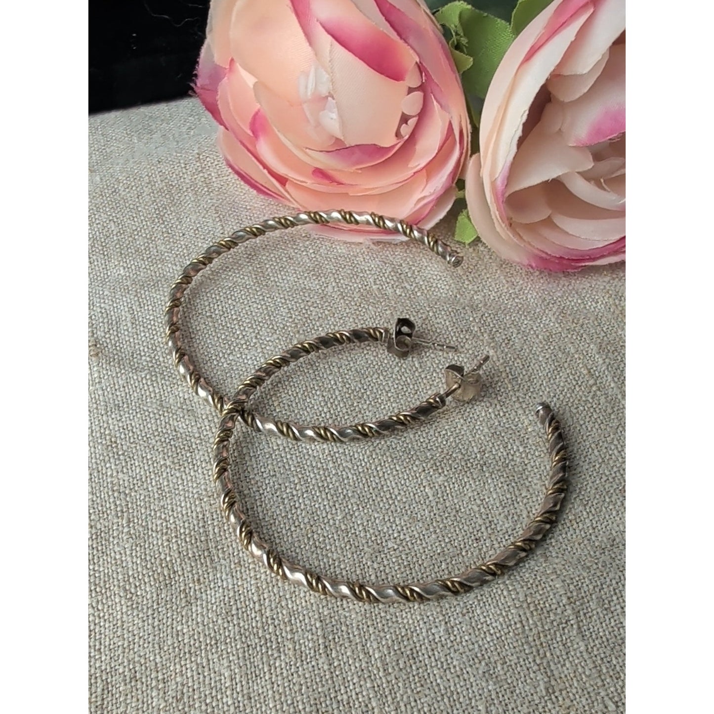 Vintage C&H 925 Sterling Silver Two-Tone Twisted Rope Hoop Earrings